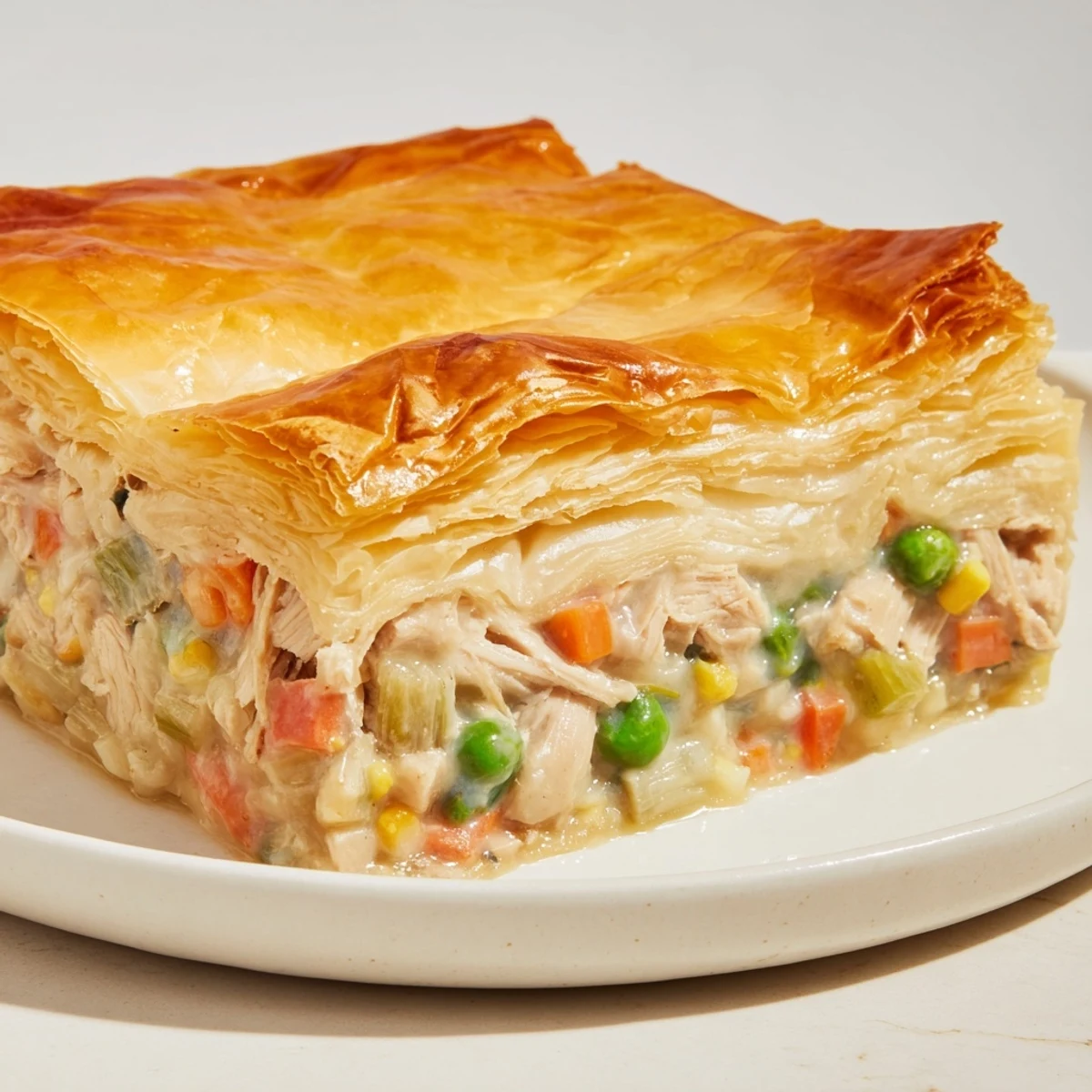 Golden, flaky Turkey Pot Pie with puff pastry crust ready to serve; imagine the savory aroma.