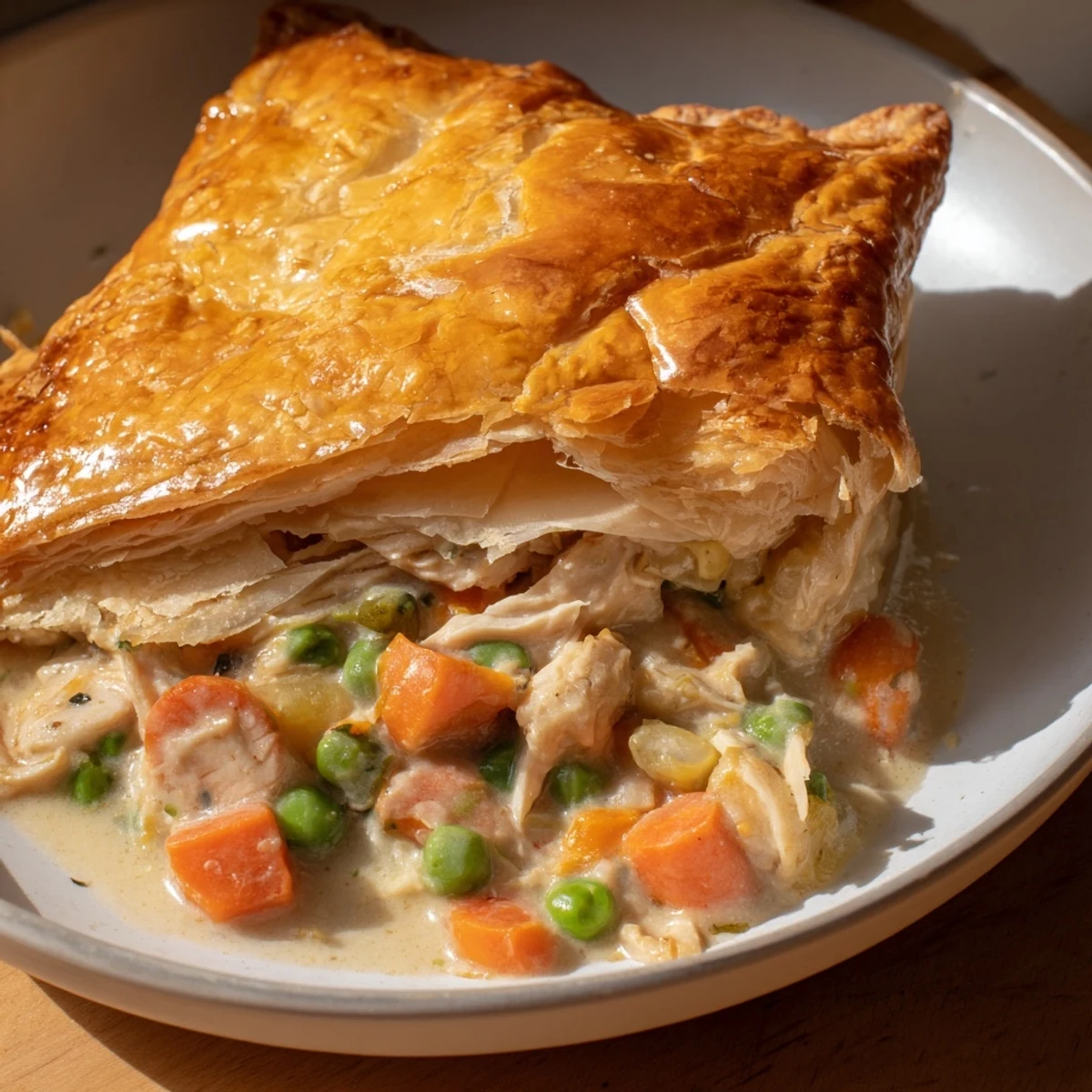 Savory Turkey Pot Pie with a beautiful puff pastry crust, perfect for a cozy family dinner.