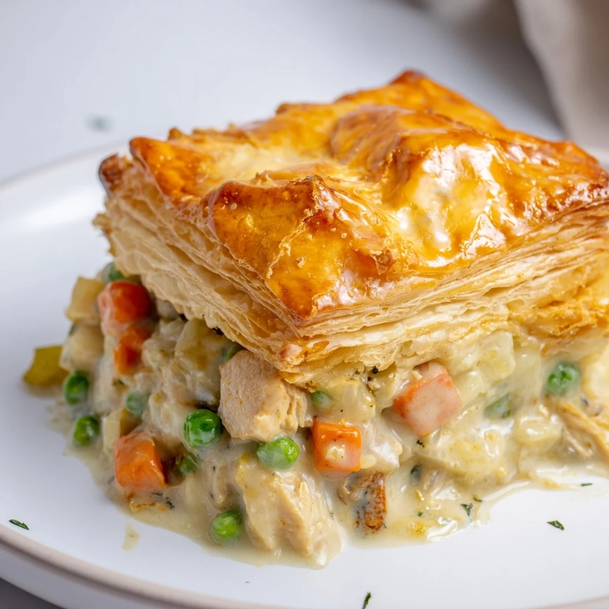 A close-up of a bubbling Turkey Pot Pie, its puff pastry crisp and golden brown on top.