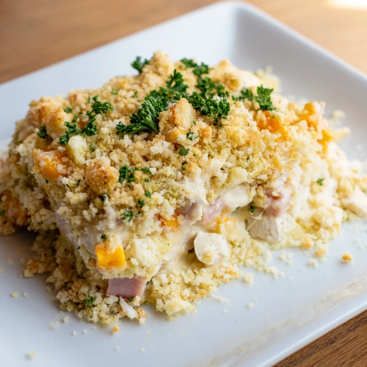 Creamy Chicken Cordon Bleu Casserole featuring tender chicken, ham, and a crunchy topping, delicious!