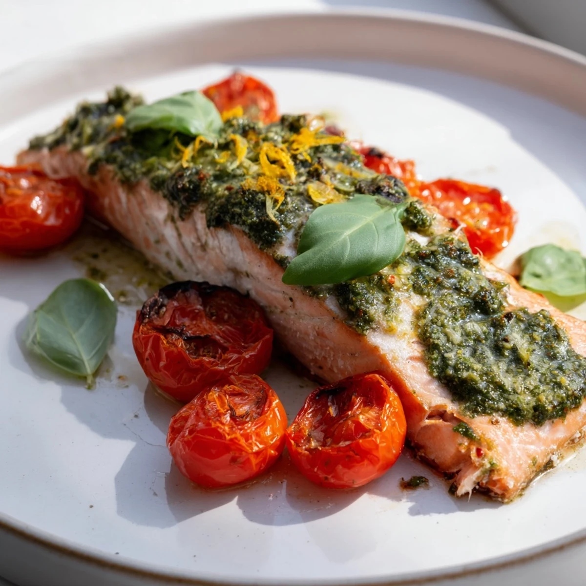 Mediterranean-style baked salmon with pesto and cherry tomatoes, drizzled with olive oil.