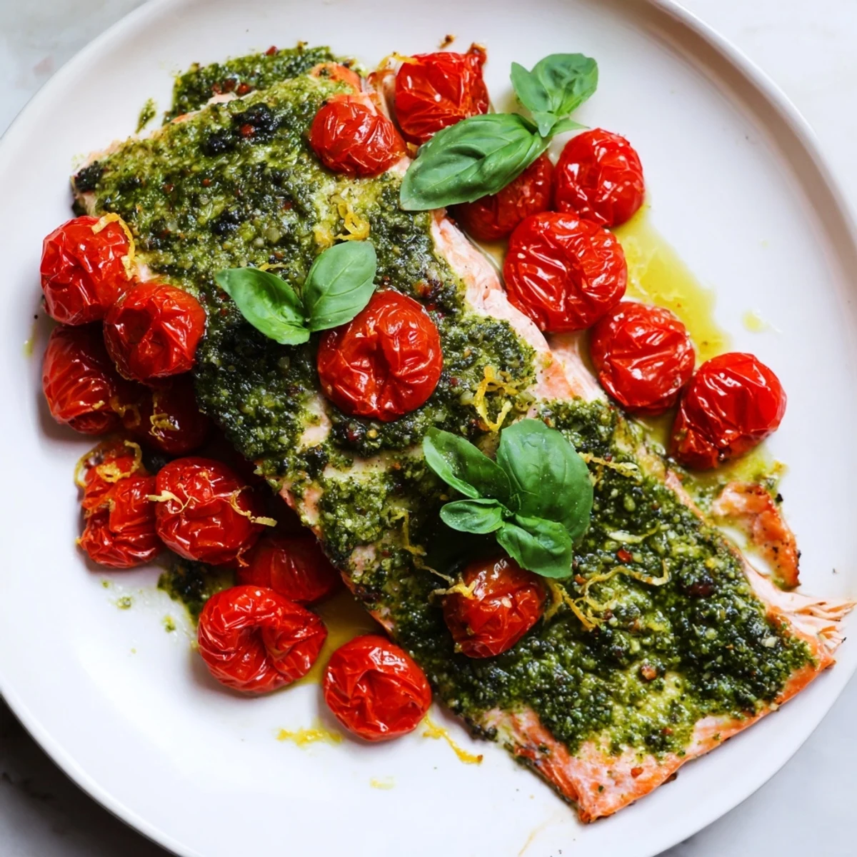 Fresh baked salmon with pesto and cherry tomatoes, bubbling with flavor and ready to serve.