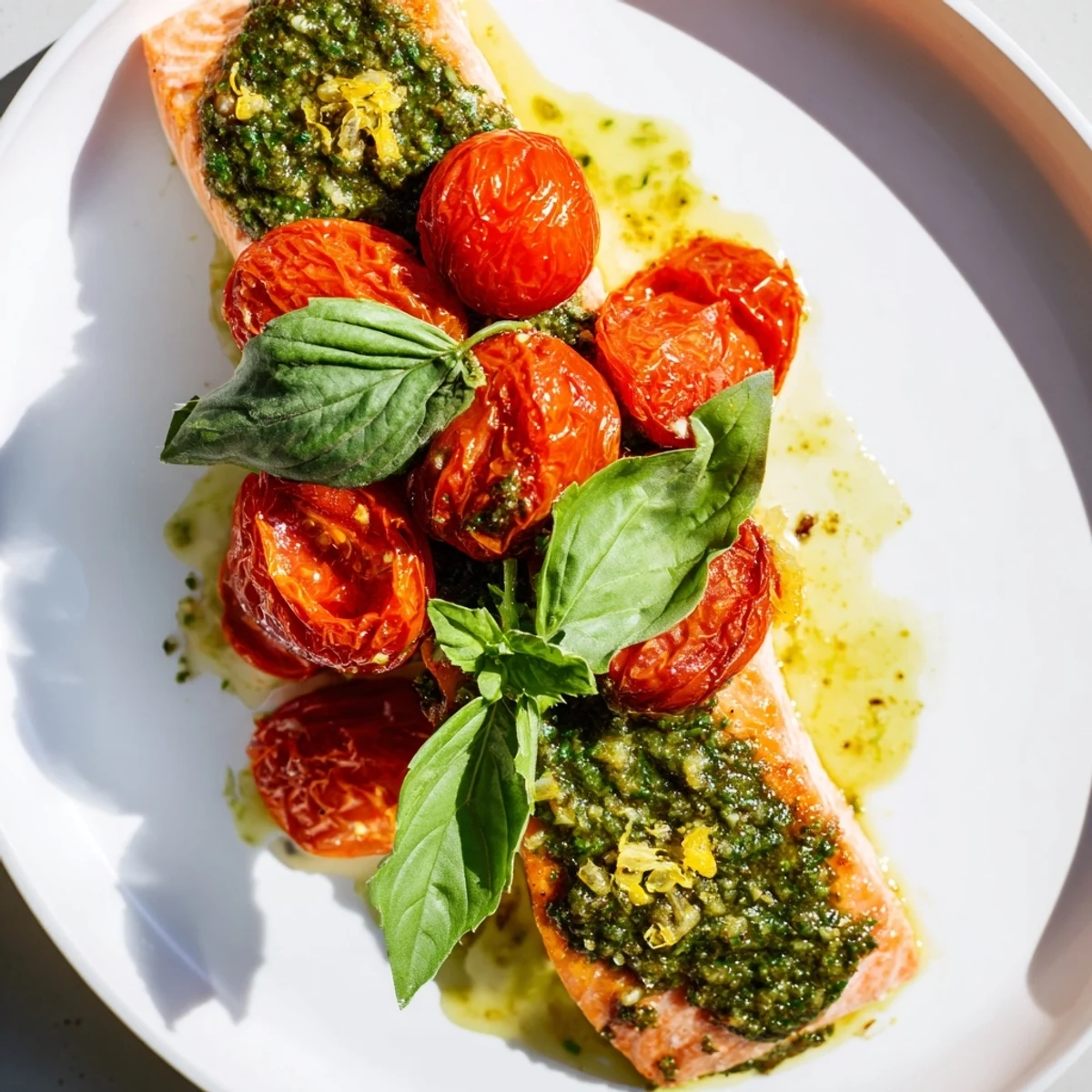 Baked salmon with pesto and cherry tomatoes, a colorful dish with flaky, tender salmon.
