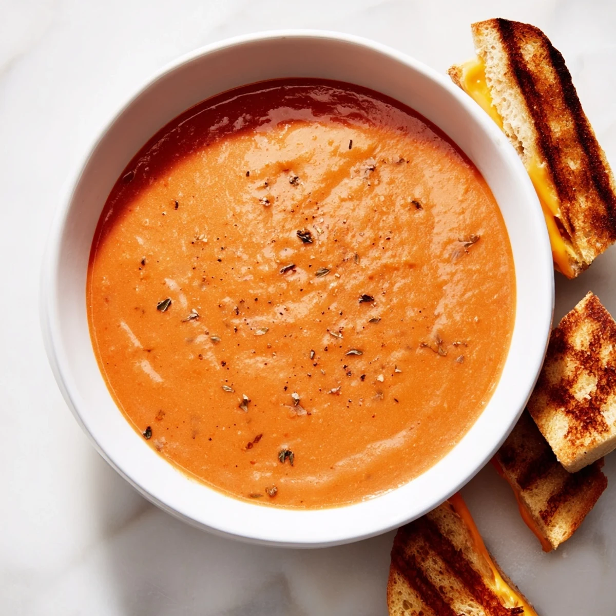 This creamy tomato soup is rich with flavor, served with perfectly grilled cheese dippers.