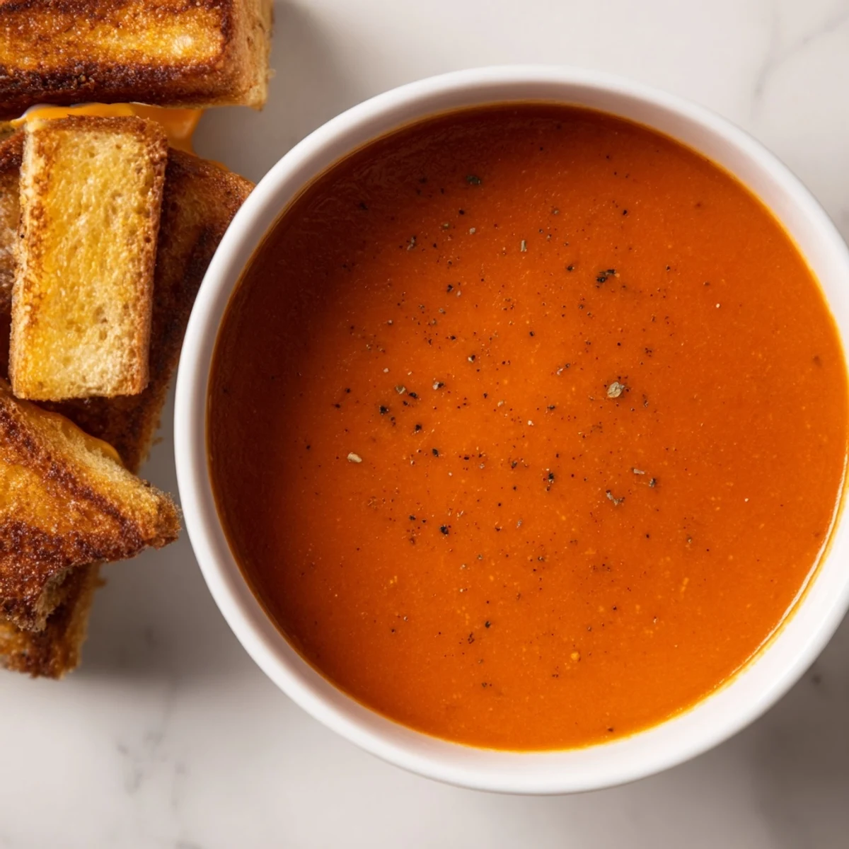 Golden-brown grilled cheese strips alongside a vibrant, creamy tomato soup for a perfect pairing.