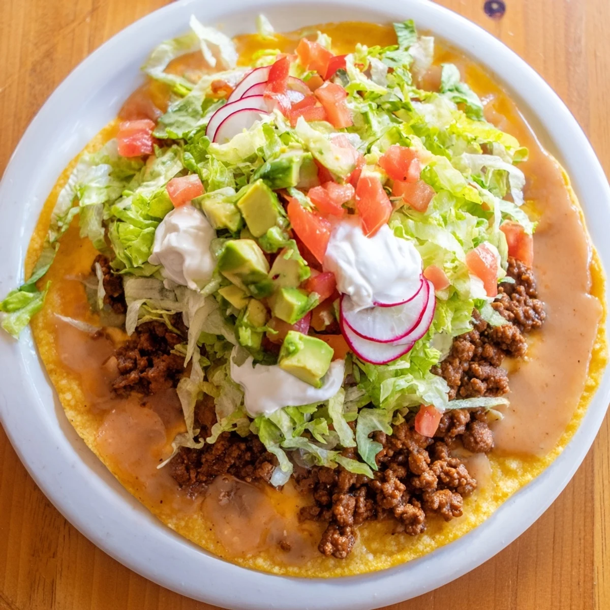 Savory beef tostadas with refried beans, piled high with fresh toppings and a sprinkle of cheese.