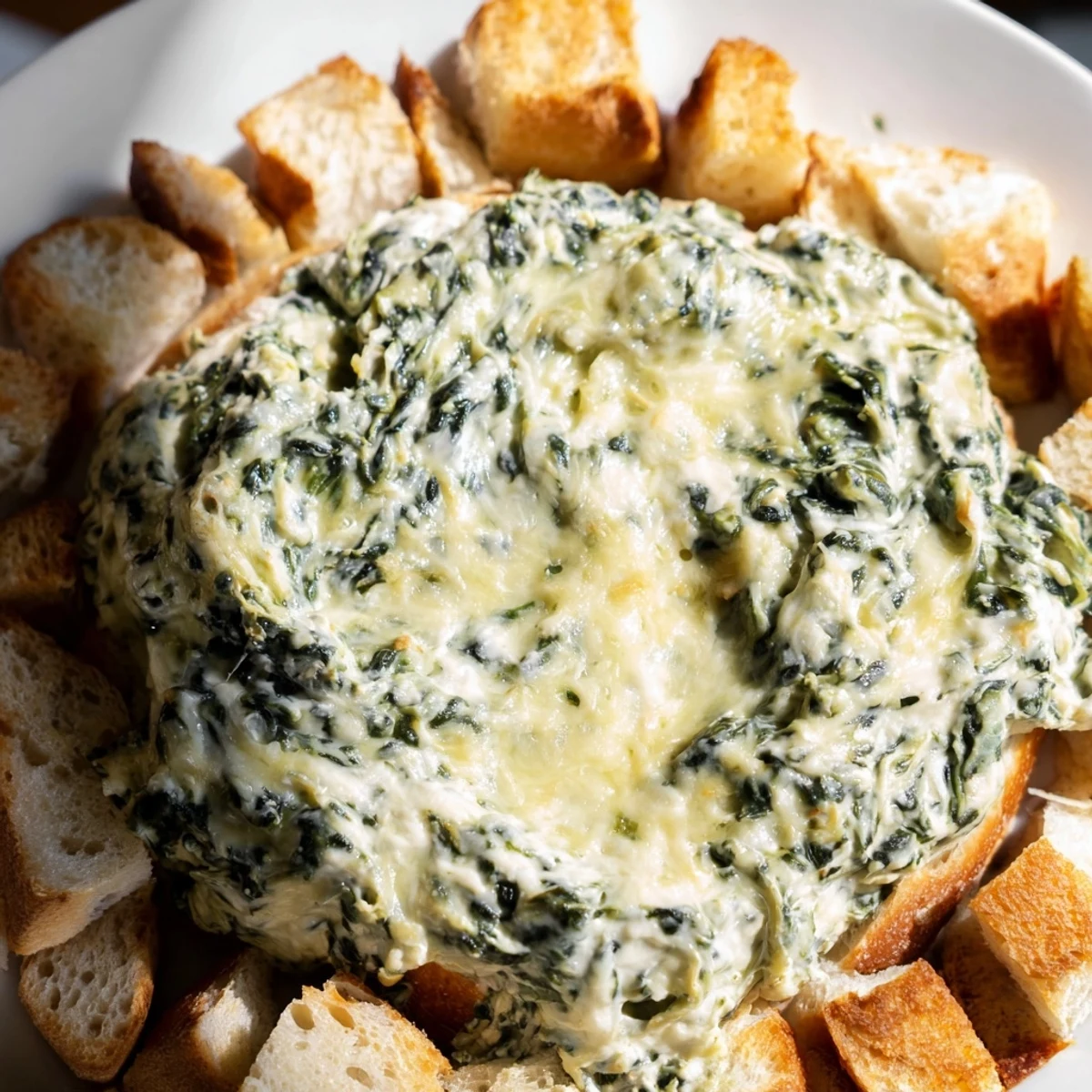 Warm, bubbling creamy spinach dip, served in a sourdough bread bowl, a perfect party appetizer.