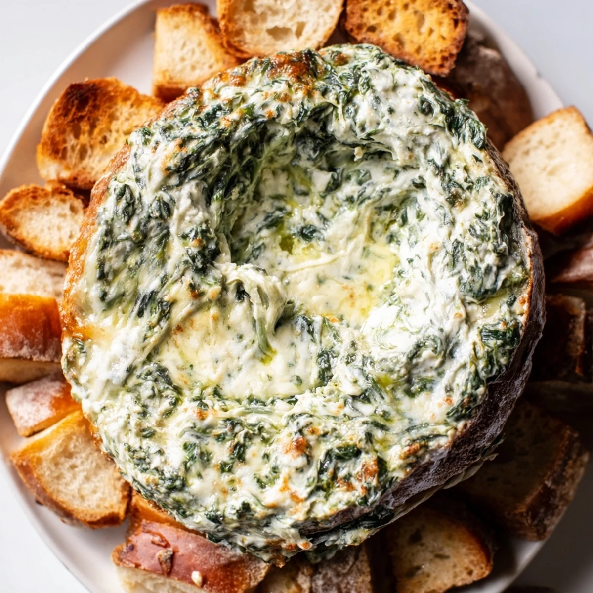 Golden brown crust of sourdough holding a luscious creamy spinach dip, ideal for sharing with friends.