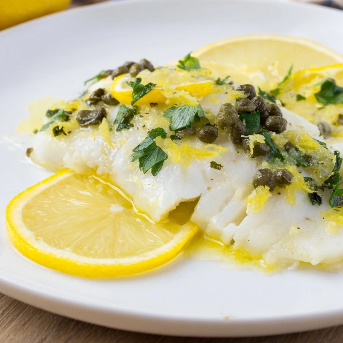 Bright, zesty picture of the Baked Haddock with Lemon and Capers, a delicious seafood entree.