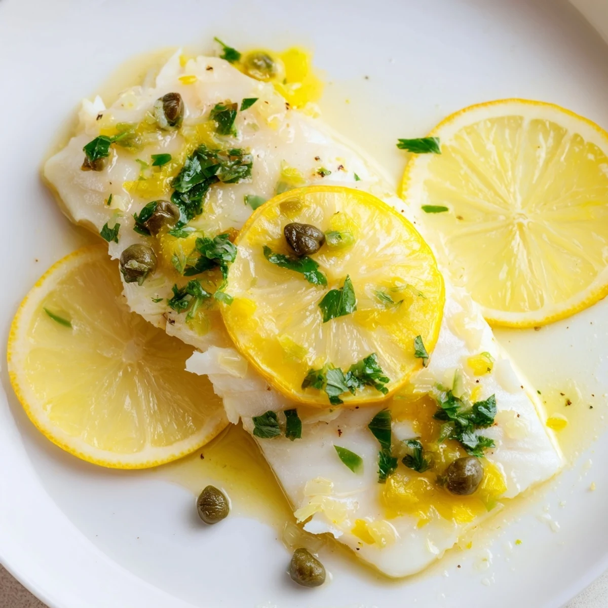 Flaky Baked Haddock with Lemon and Capers, garnished with parsley, ready to be served.