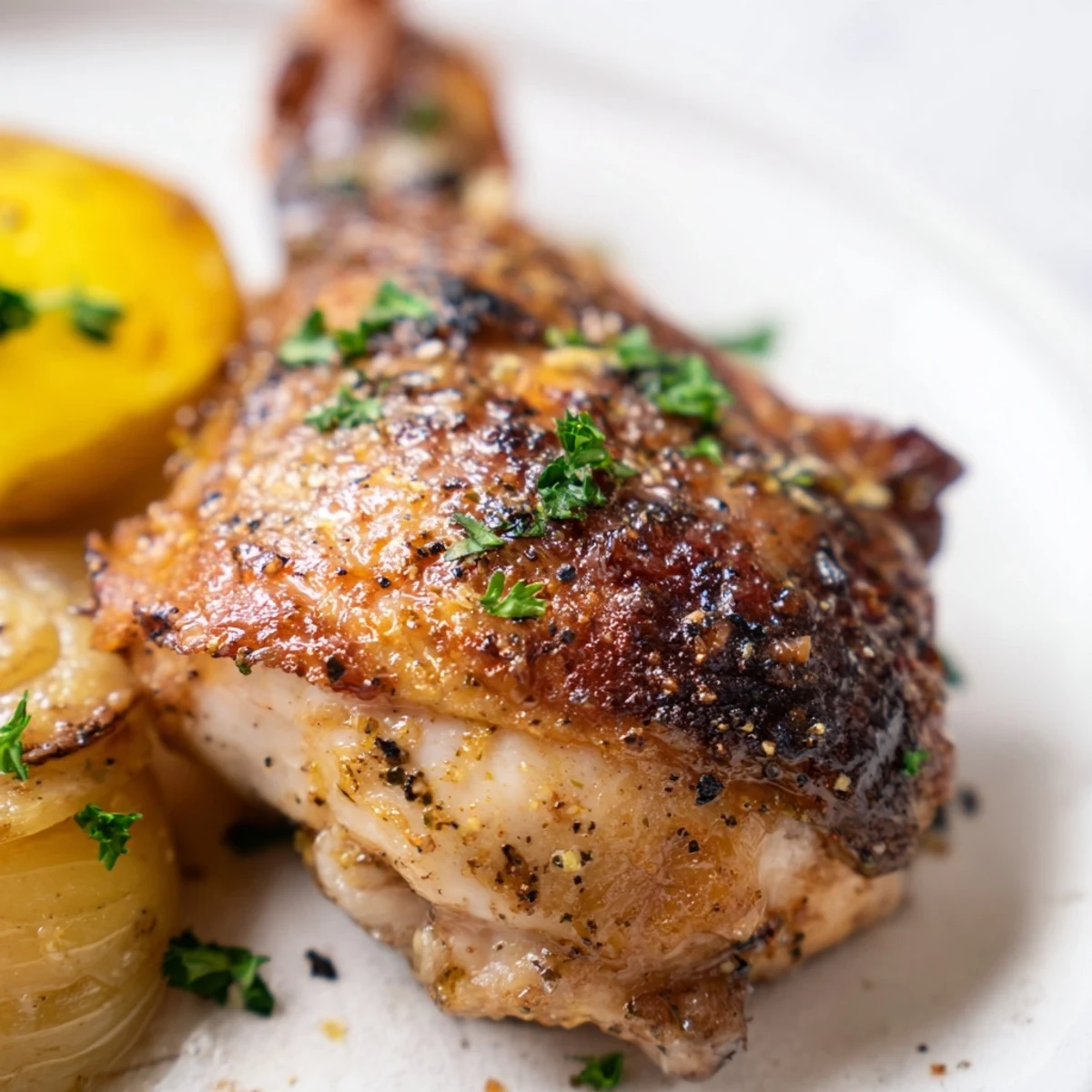 Roasted Lemon Garlic Chicken Thighs over tender potatoes in a one-pan Mediterranean dinner.