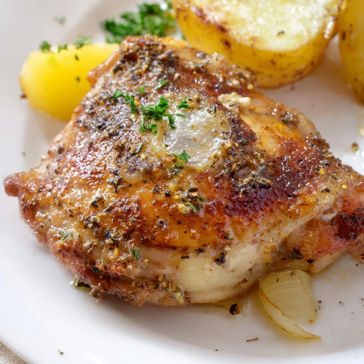 Golden, crispy skinned Lemon Garlic Roasted Chicken Thighs with Potatoes garnished with fresh parsley.
