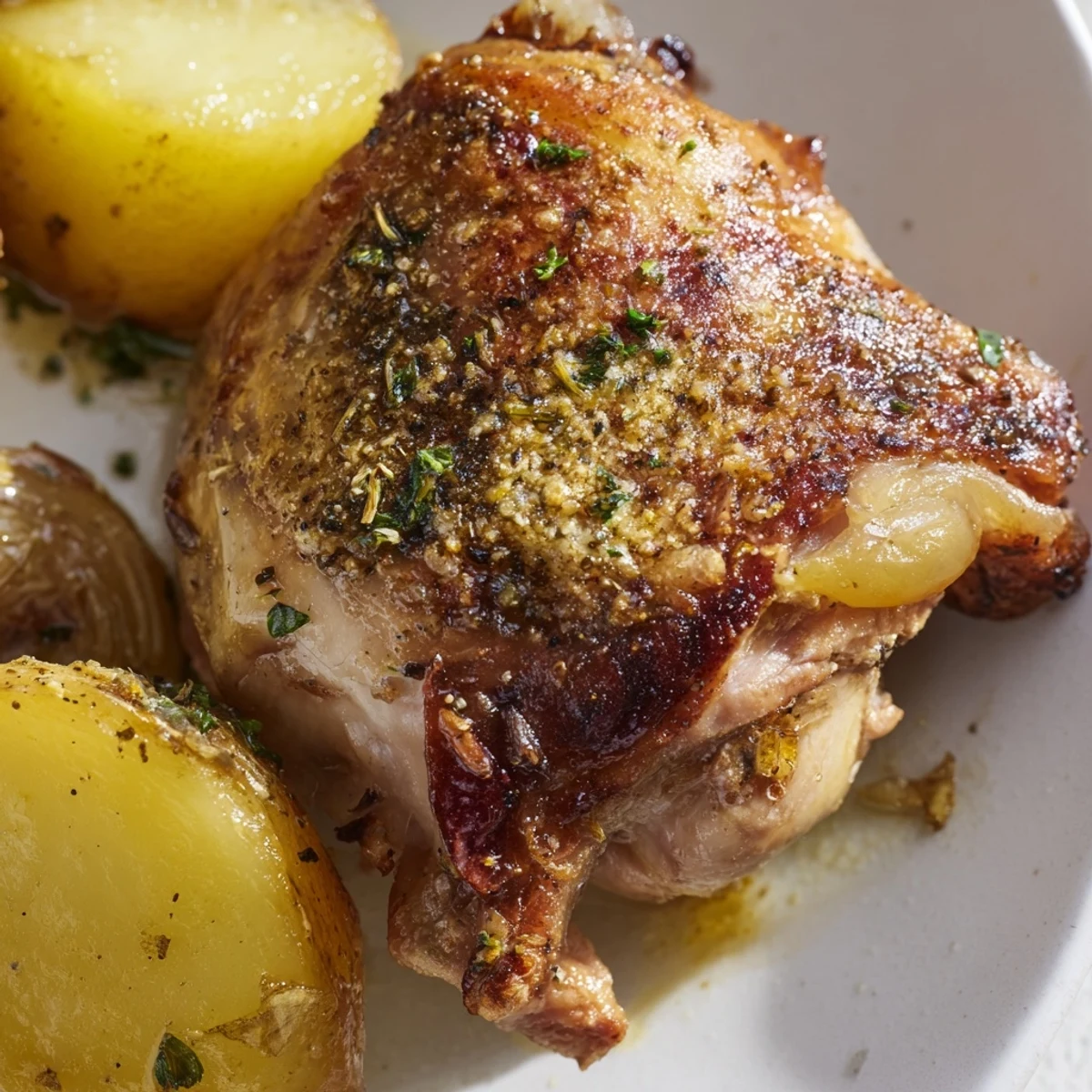 Zesty Lemon Garlic Roasted Chicken Thighs with potatoes served with lemon wedges and parsley.