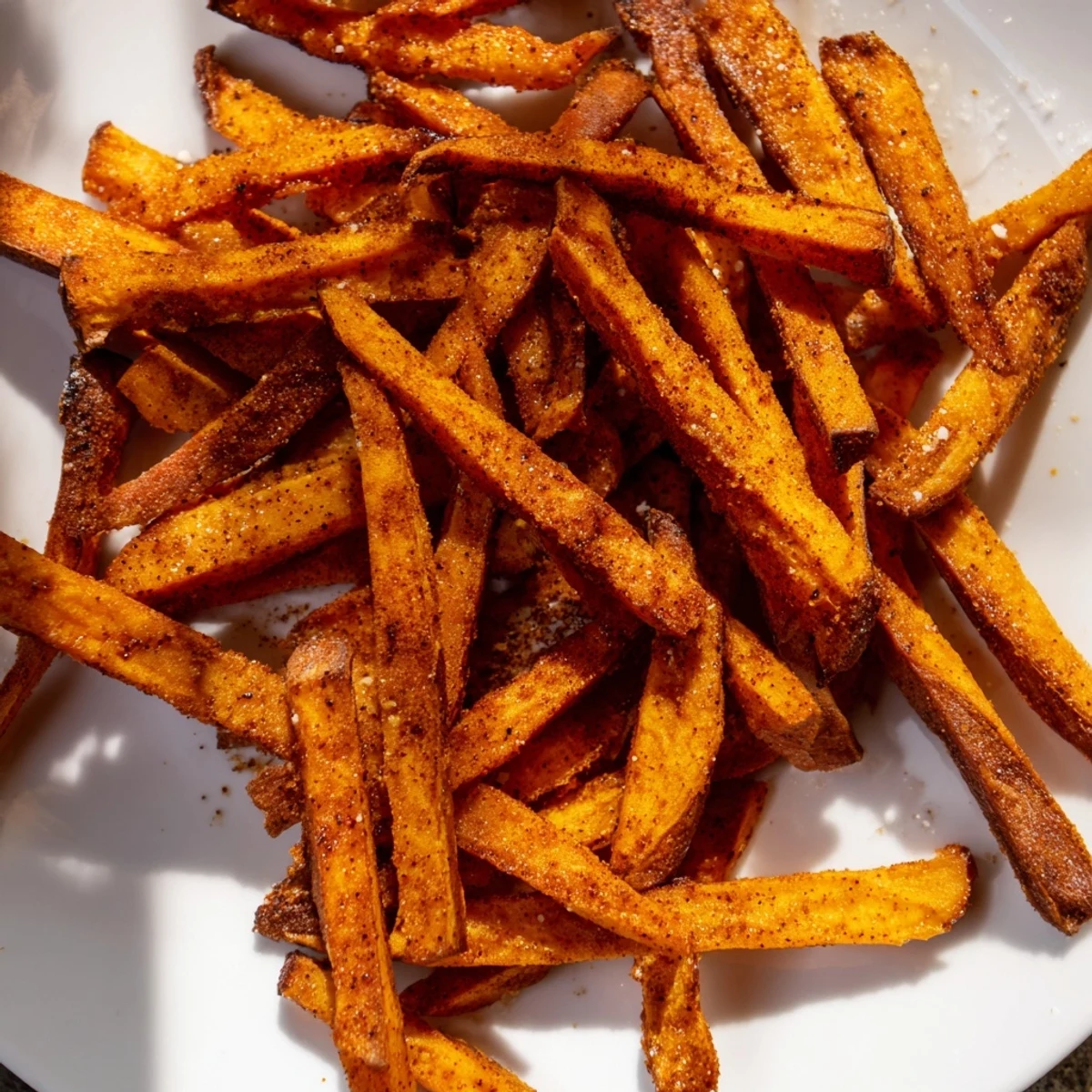 A close-up of perfectly seasoned Crispy Air Fryer Sweet Potato Fries, highlighting their golden texture and savory paprika coating.
