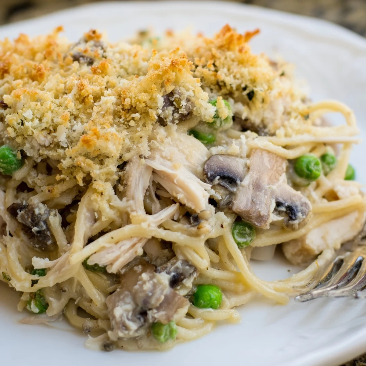 A creamy slice of Turkey Tetrazzini with mushrooms, peas, and tender turkey on a white plate.