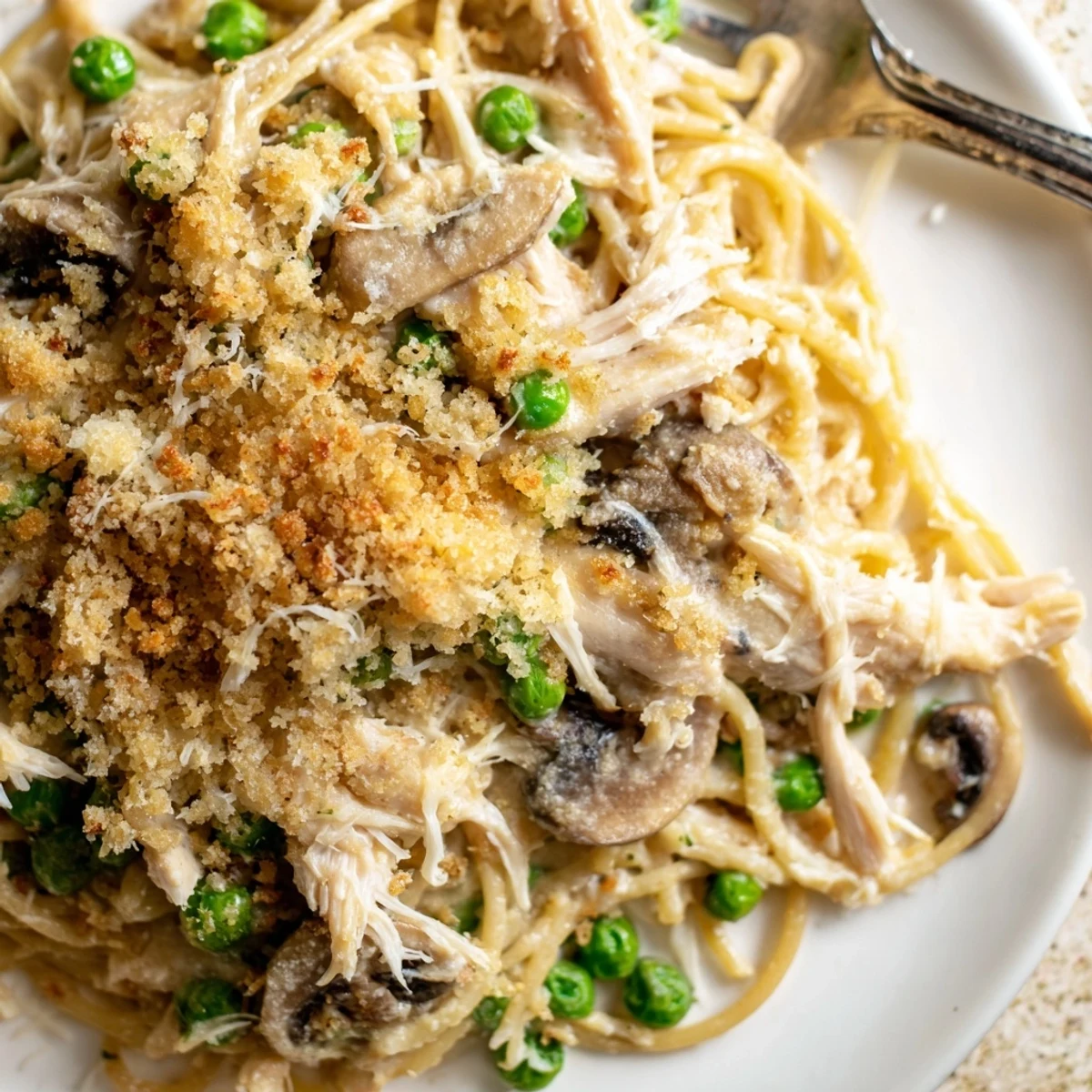 Overhead view of Turkey Tetrazzini pasta bake in a baking dish, ready to serve with a sprinkle of parsley.