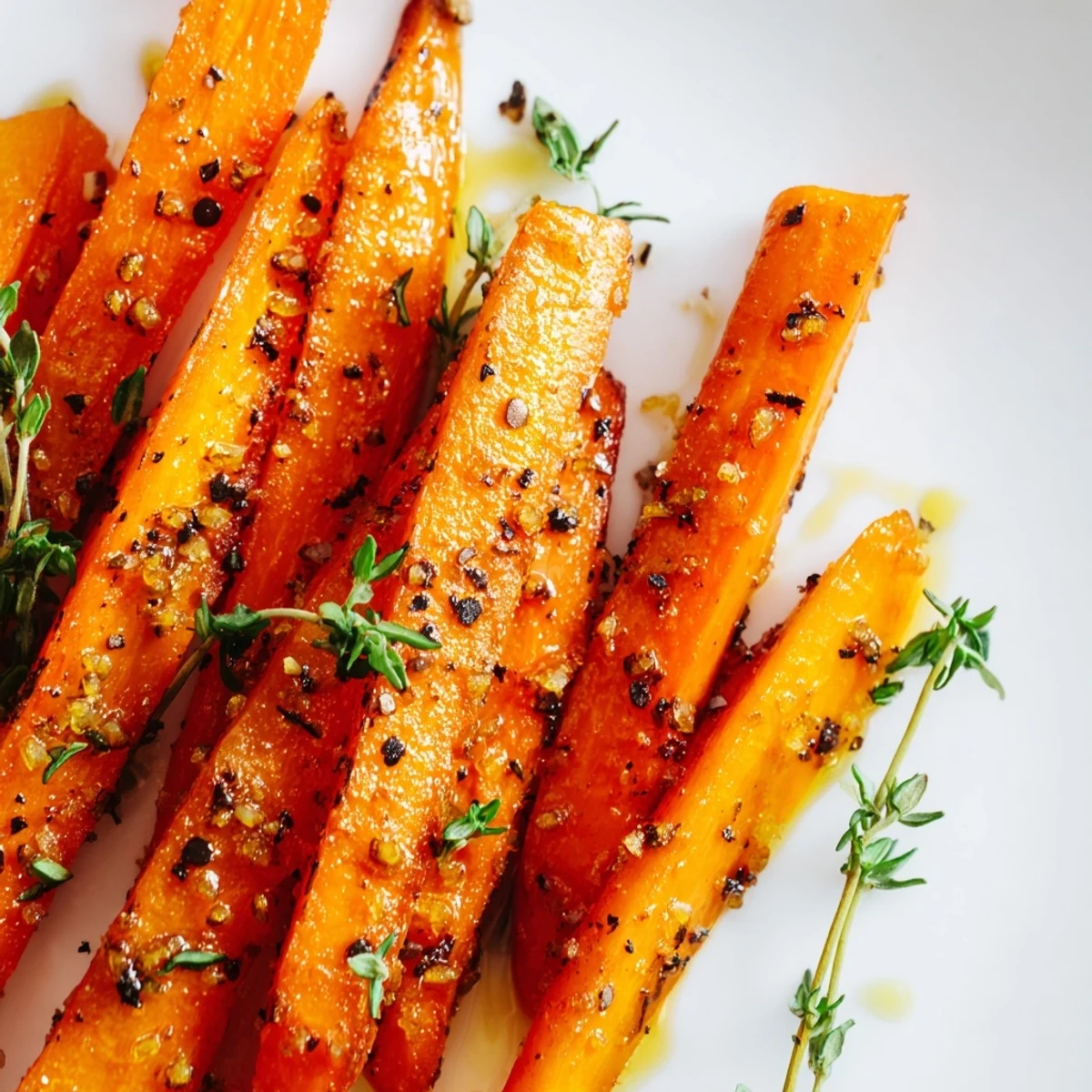 Tender Roasted Carrots with Honey and Fresh Thyme served alongside roast chicken on a rustic wooden table.