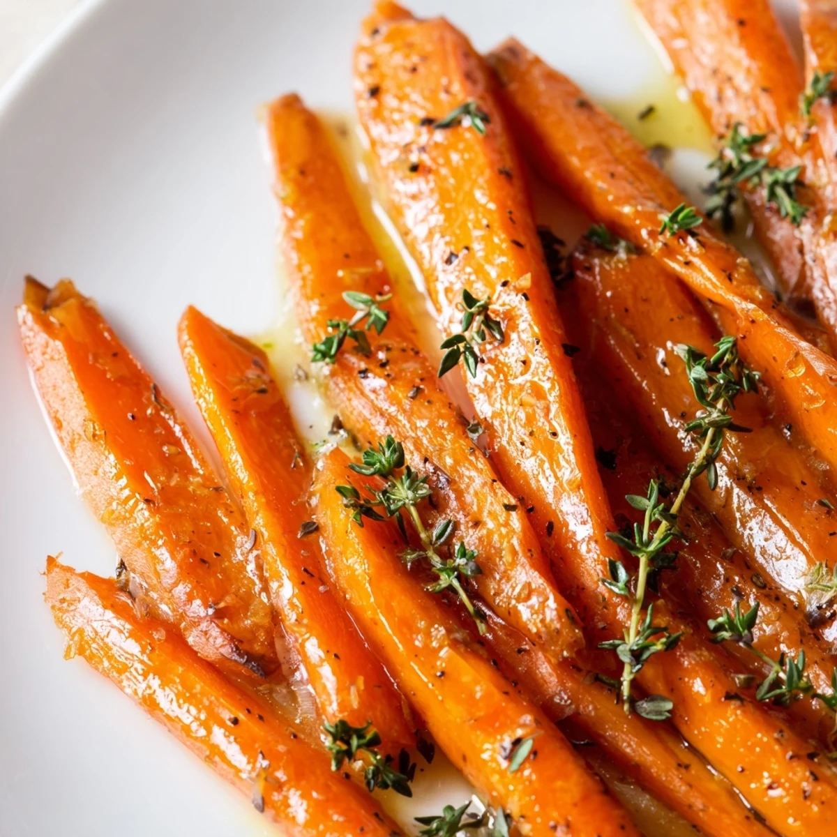 Caramelized Roasted Carrots with Honey and Fresh Thyme fresh from the oven, showing crispy edges and thyme sprigs.
