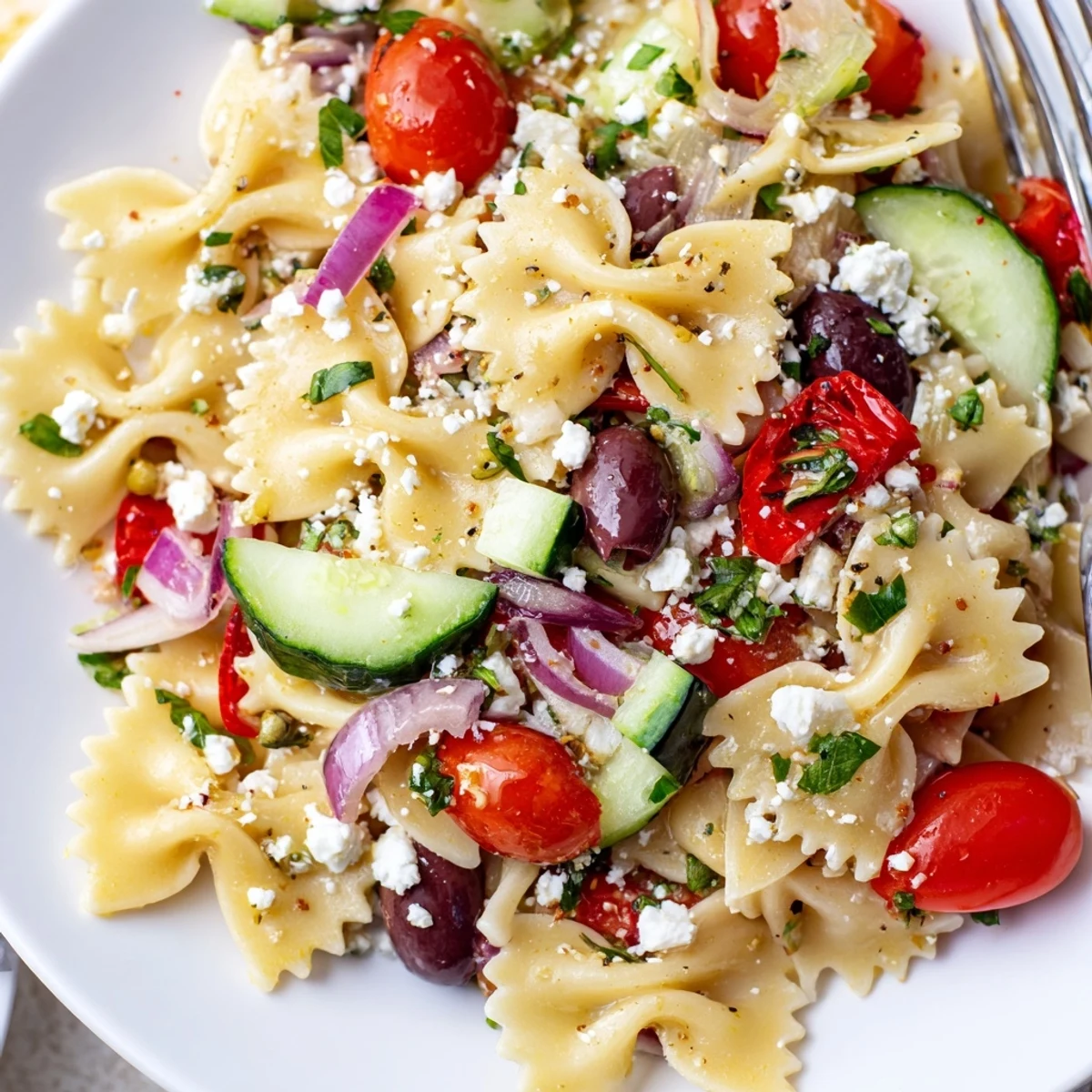 Fresh Mediterranean Pasta Salad with Kalamata Olives, feta, and colorful vegetables tossed in a zesty vinaigrette.