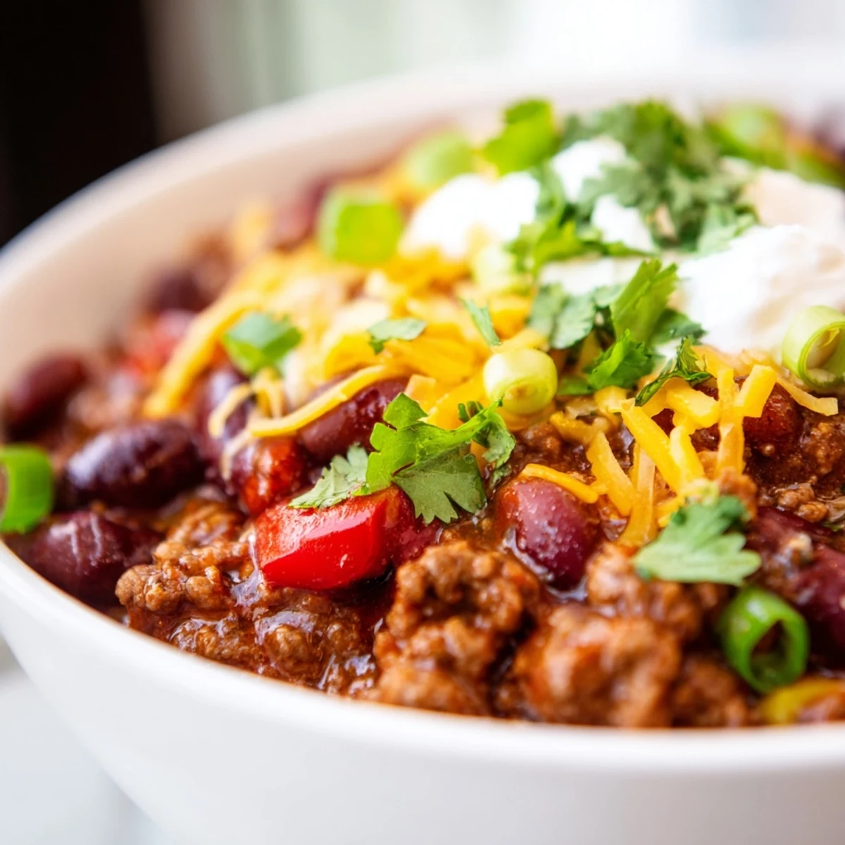 Slow Cooker Chili with Ground Beef and Beans simmering with red bell peppers in a rustic bowl, topped with cheddar and sour cream.