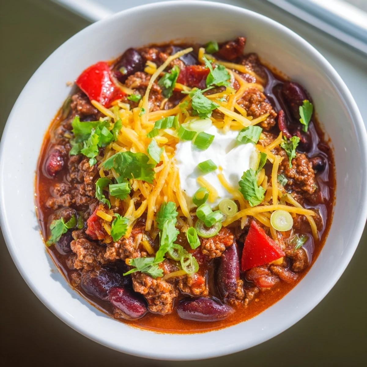 A hearty bowl of Slow Cooker Chili with Ground Beef and Beans, garnished with fresh cilantro and green onions next to a spoon.