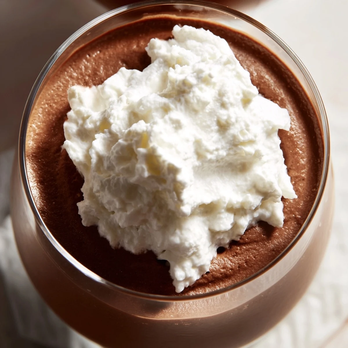 Chilled Chocolate Mousse with a rich, silky texture, garnished with a dollop of vanilla whipped cream and fresh raspberries for a pop of color.