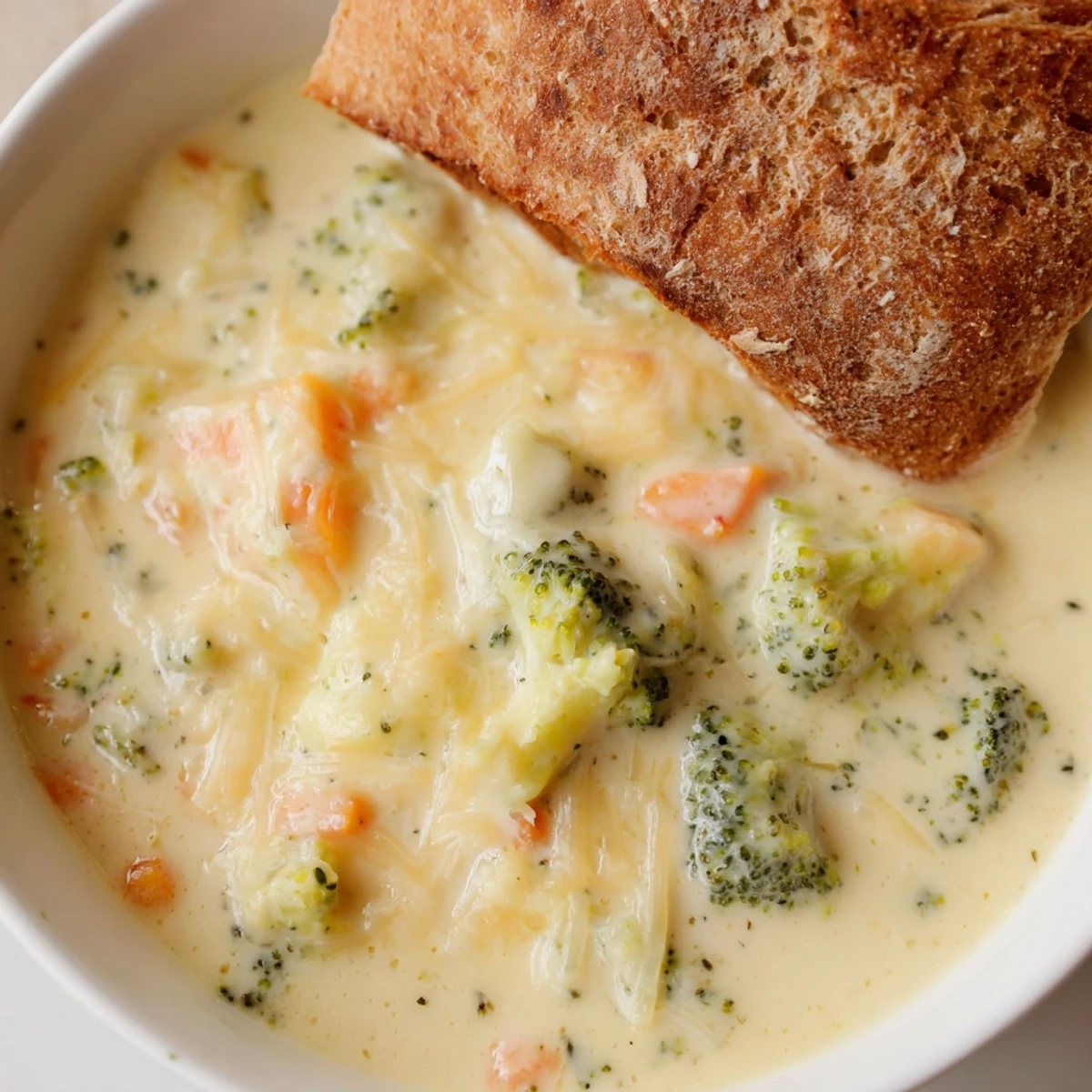 Creamy Broccoli Cheddar Soup with Crusty Bread served in a rustic bowl, steaming beside golden, toasted slices of sourdough.