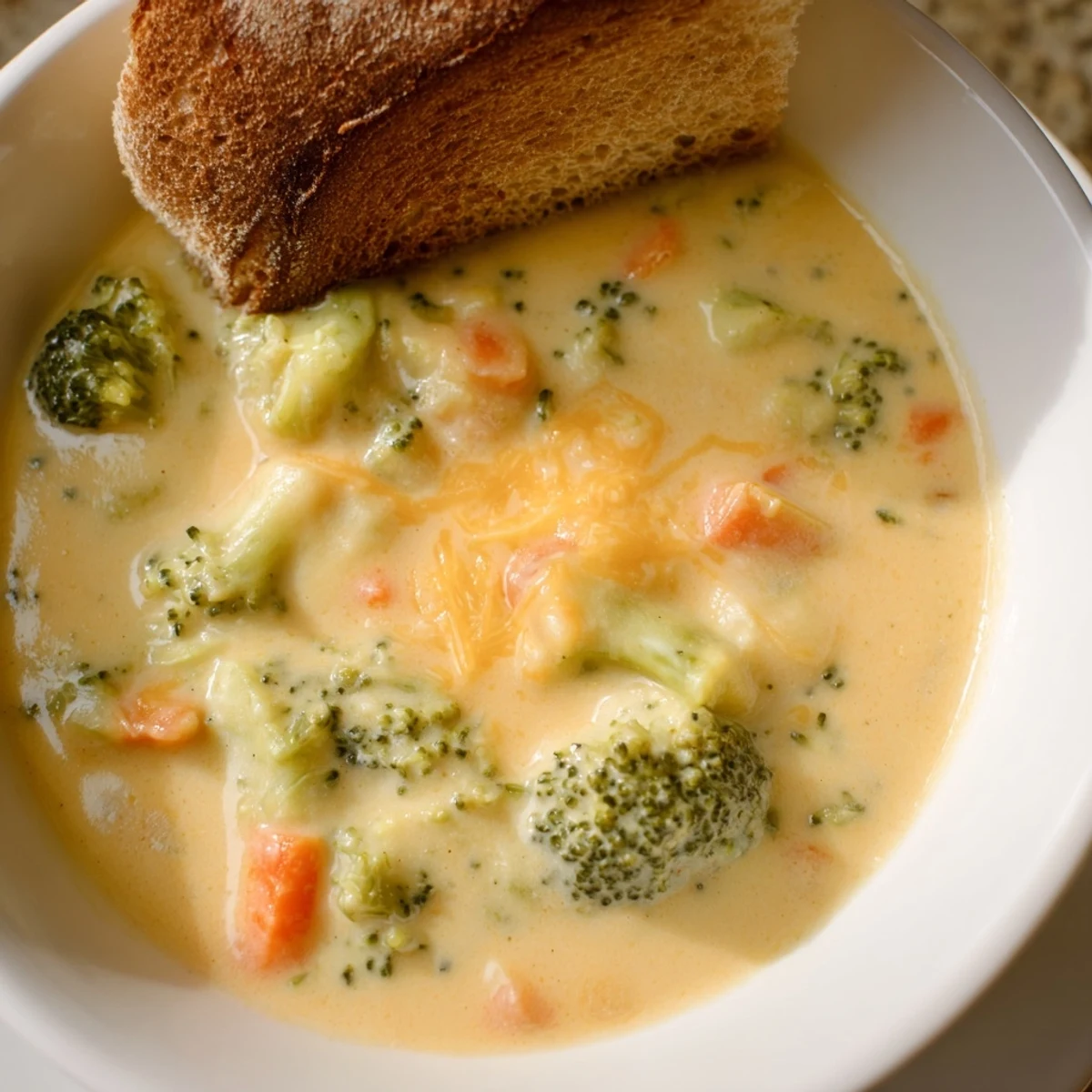 Freshly blended Creamy Broccoli Cheddar Soup with Crusty Bread, garnished with extra cheddar and a sprig of green herbs.