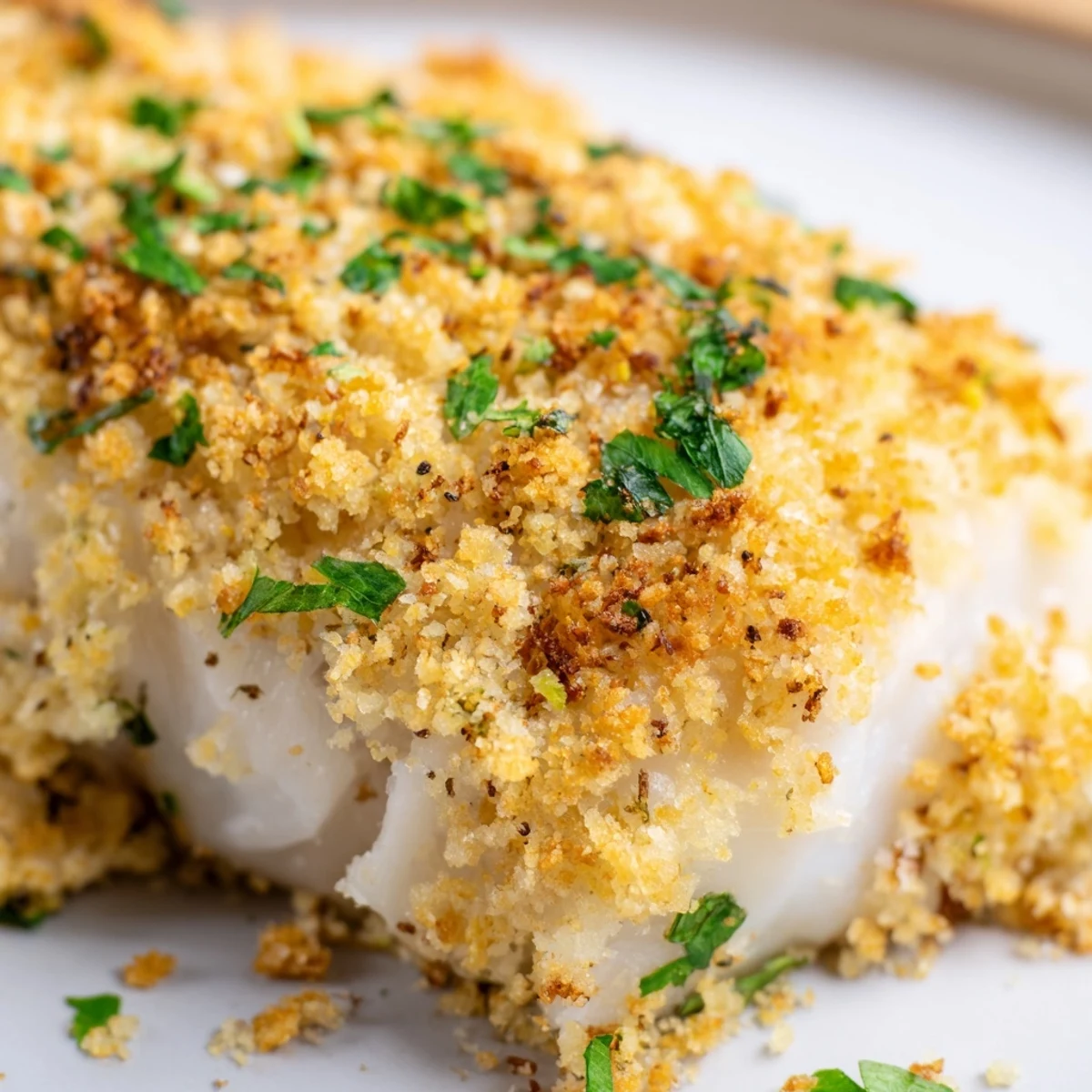 Golden, crispy cracker crumbs blanket tender baked cod fillets, served with fresh lemon wedges for a bright finish.
