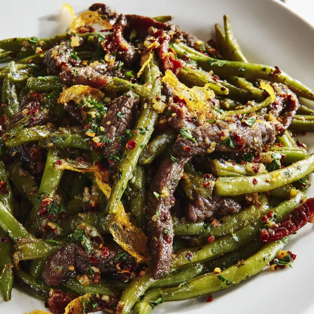 A platter of Lemon Garlic Green Beans with Bacon Beef, showcasing vibrant green beans, crispy bacon bits, and seared beef strips garnished with fresh parsley.
