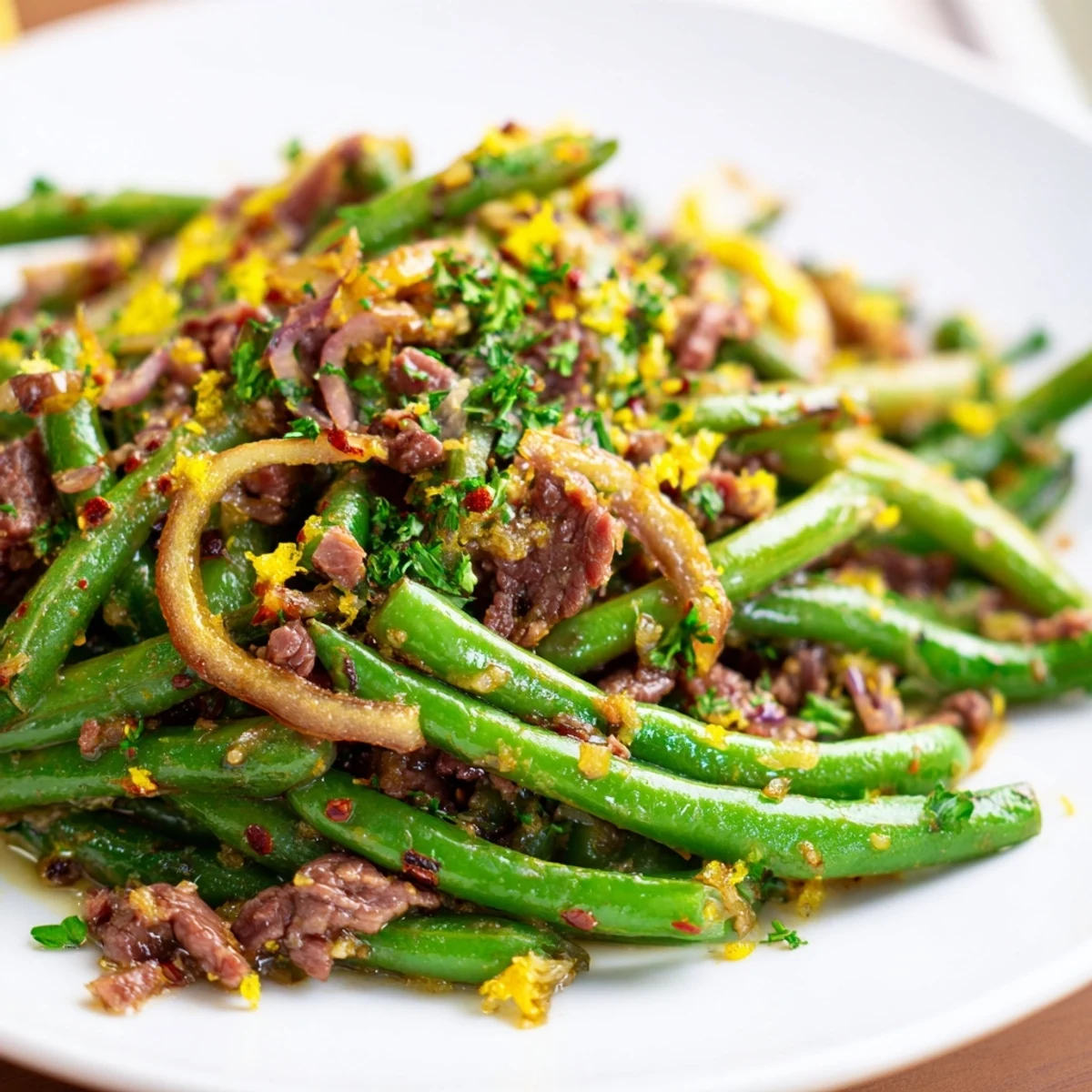 Close-up of Lemon Garlic Green Beans with Bacon Beef highlighting juicy beef slices, smoky bacon, and bright green beans, ready to be enjoyed as a gluten-free main dish.
