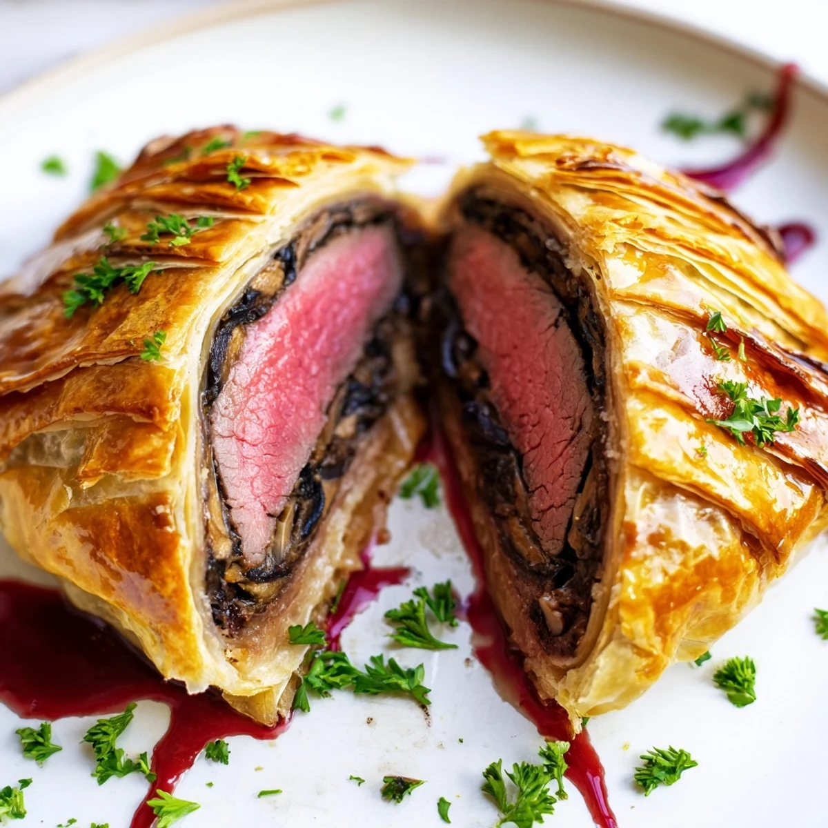 Golden-brown Beef Wellington with puff pastry sliced open, revealing tender medium-rare beef and rich mushroom duxelles, served on a rustic board.