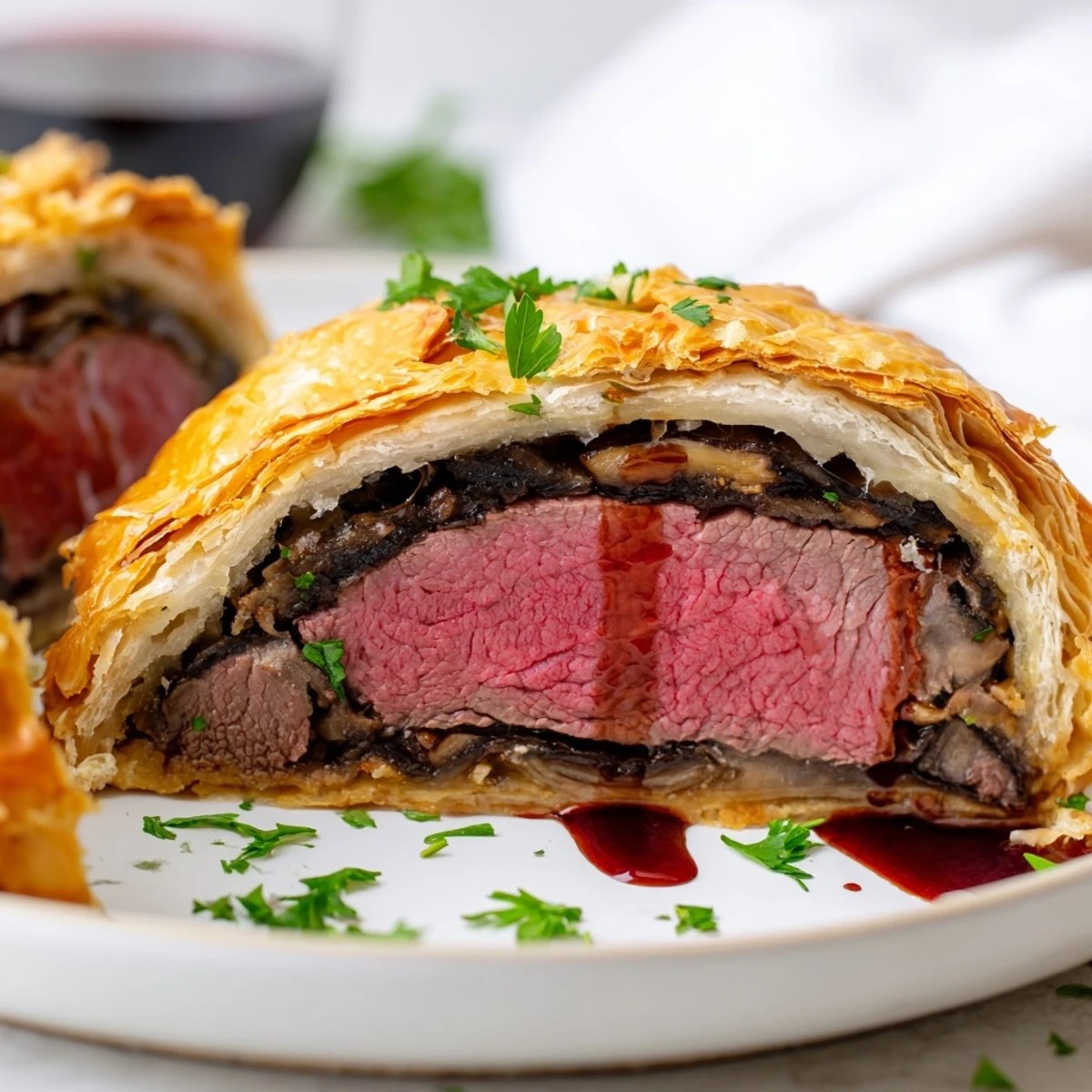 Beef Wellington plated with sautéed green beans and roasted potatoes, showcasing a crisp prosciutto-wrapped pastry and vibrant herb garnish.