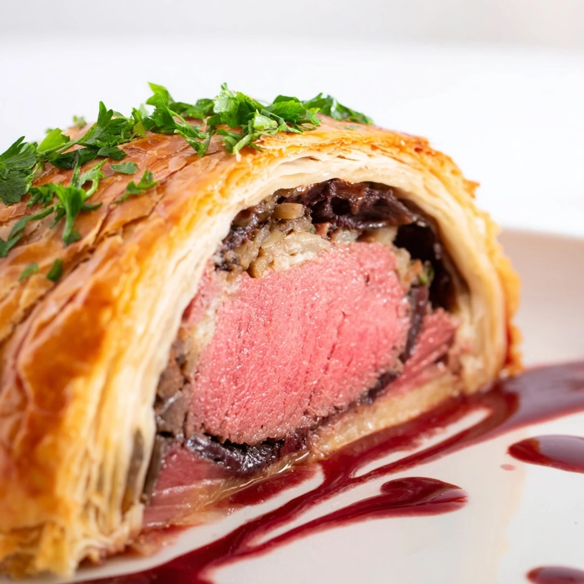 Freshly baked Beef Wellington cooling on a wooden board, flaky golden puff pastry brushed with egg wash beside a glass of red wine.
