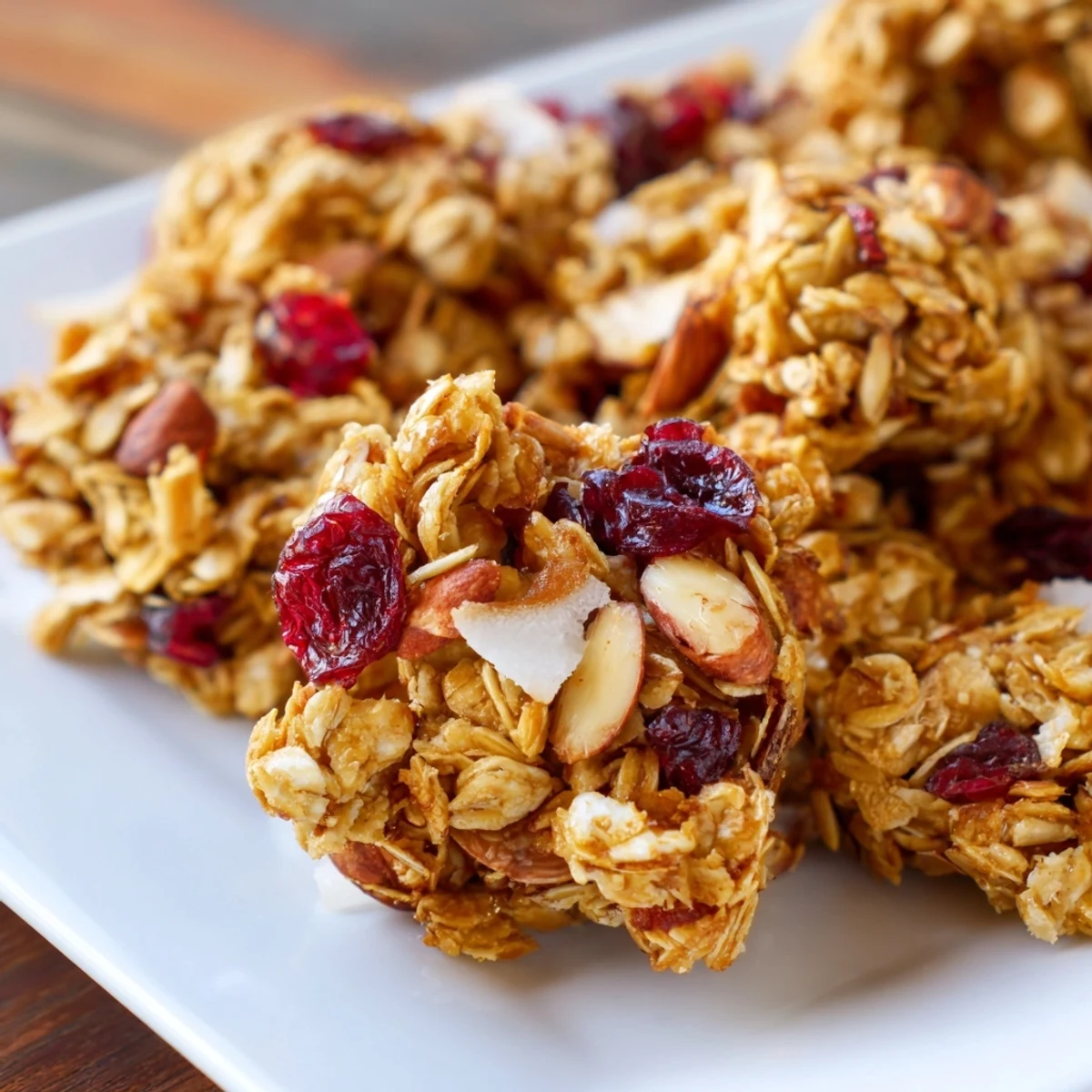 Crunchy Cranberry Almond Granola Clusters topped on creamy Greek yogurt for breakfast.