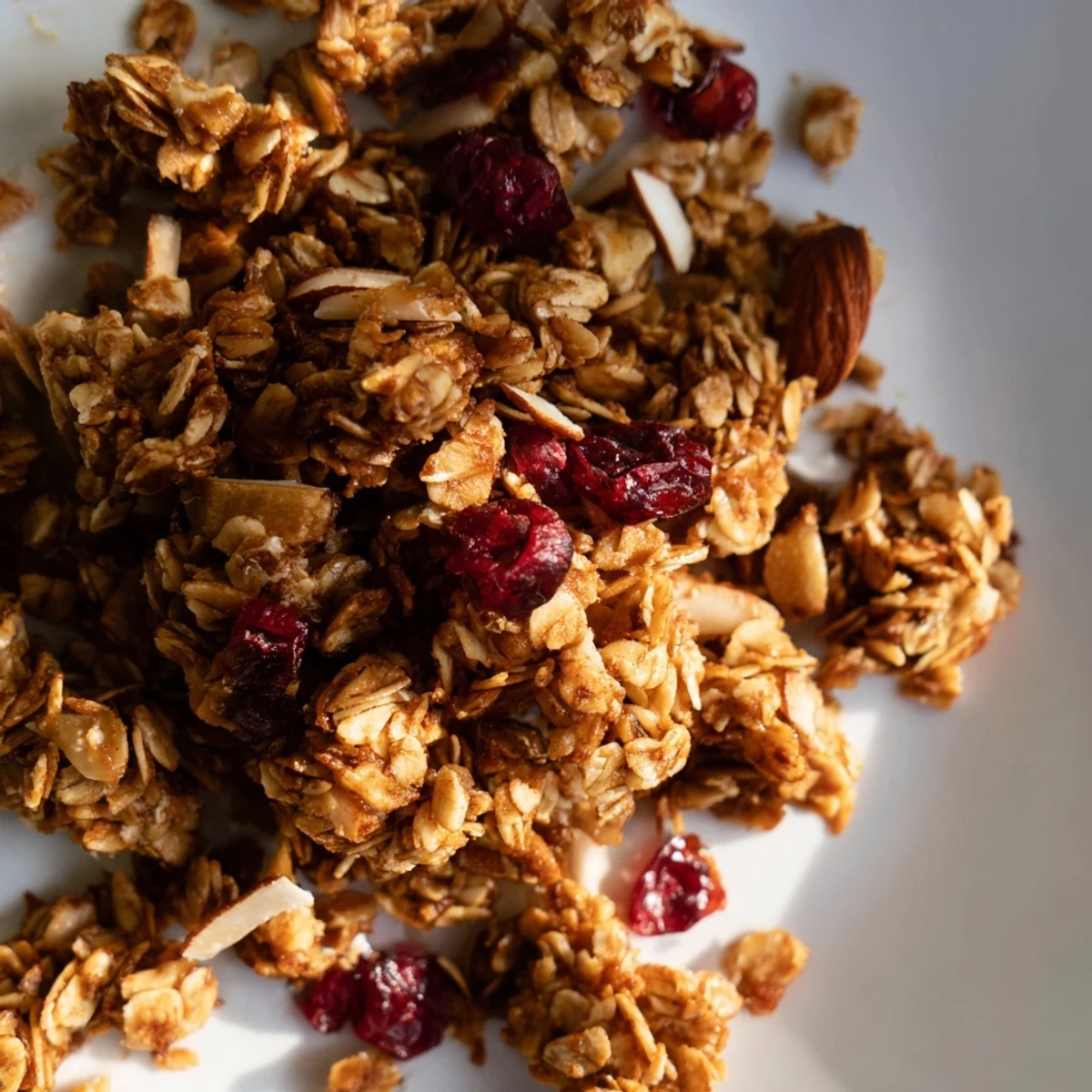 Freshly baked Cranberry Almond Granola Clusters spill from a jar, ready for snacking.