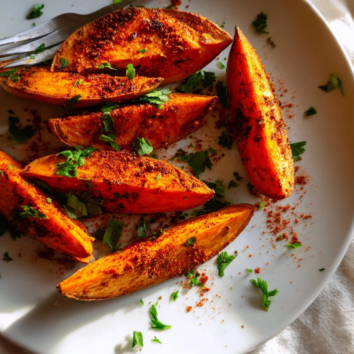 Crispy Baked Sweet Potato Wedges with Paprika are arranged on a baking sheet, garnished with fresh parsley and lemon wedges.