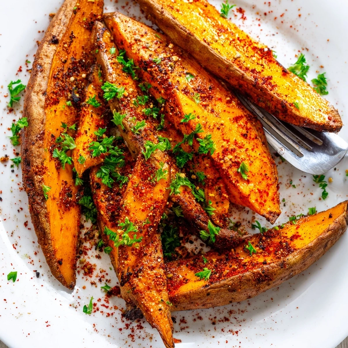 Golden-brown Baked Sweet Potato Wedges with Paprika show crispy edges and fluffy centers, ready for dipping in a small bowl of sauce.