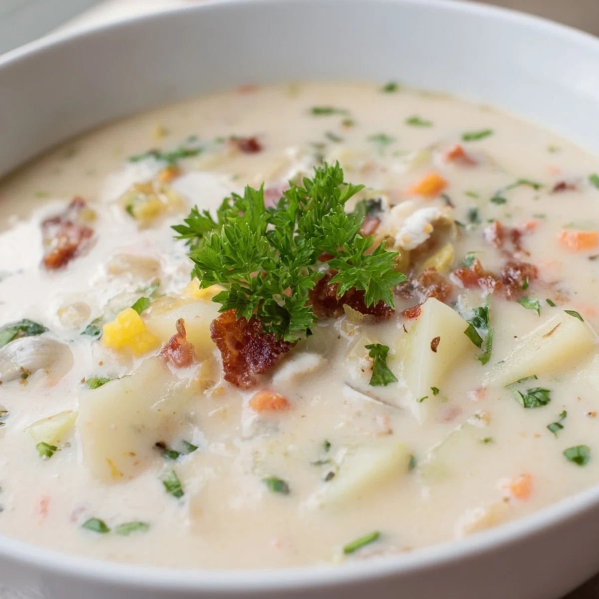 Creamy Clam Chowder with Potatoes served steaming hot in a rustic bowl, garnished with parsley and crispy bacon crumbles.