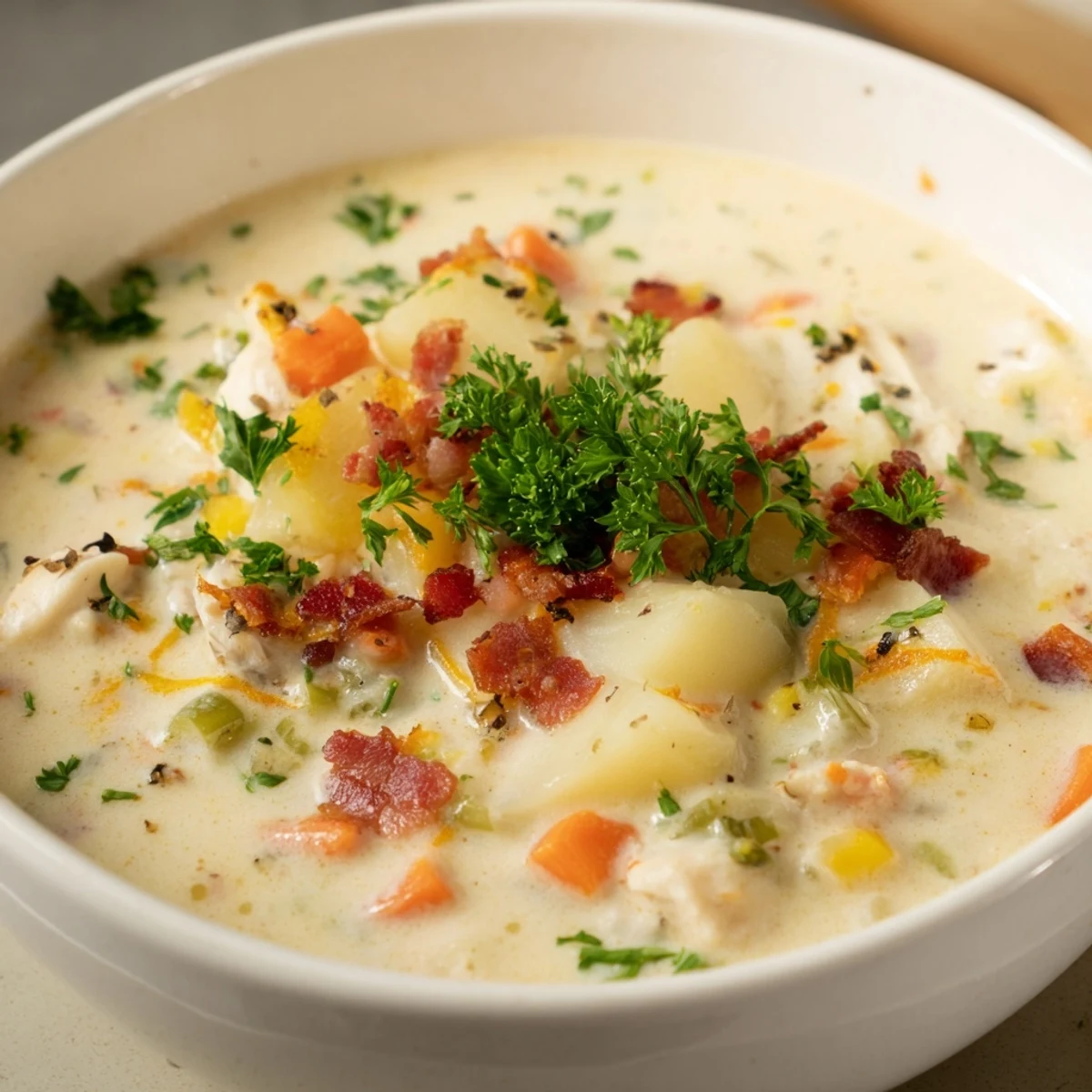 Homemade Creamy Clam Chowder with Potatoes bubbling in a pot, featuring Yukon Gold potatoes and aromatics on a cozy kitchen counter.