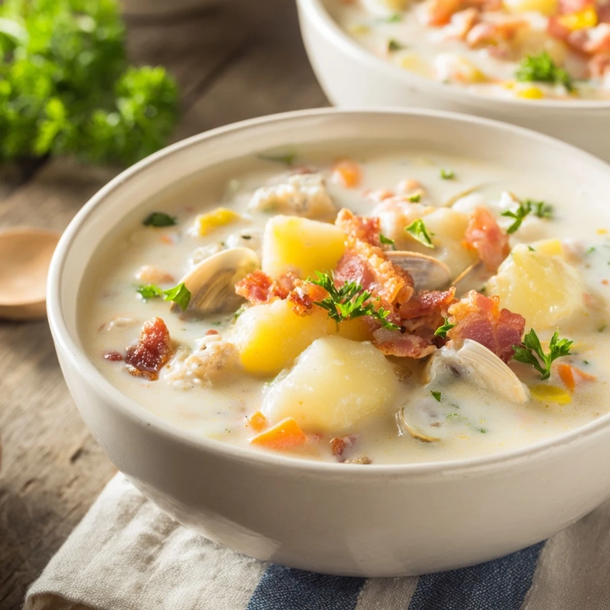 A spoon dipping into rich Creamy Clam Chowder with Potatoes, revealing tender clams and bacon in a creamy New England broth.