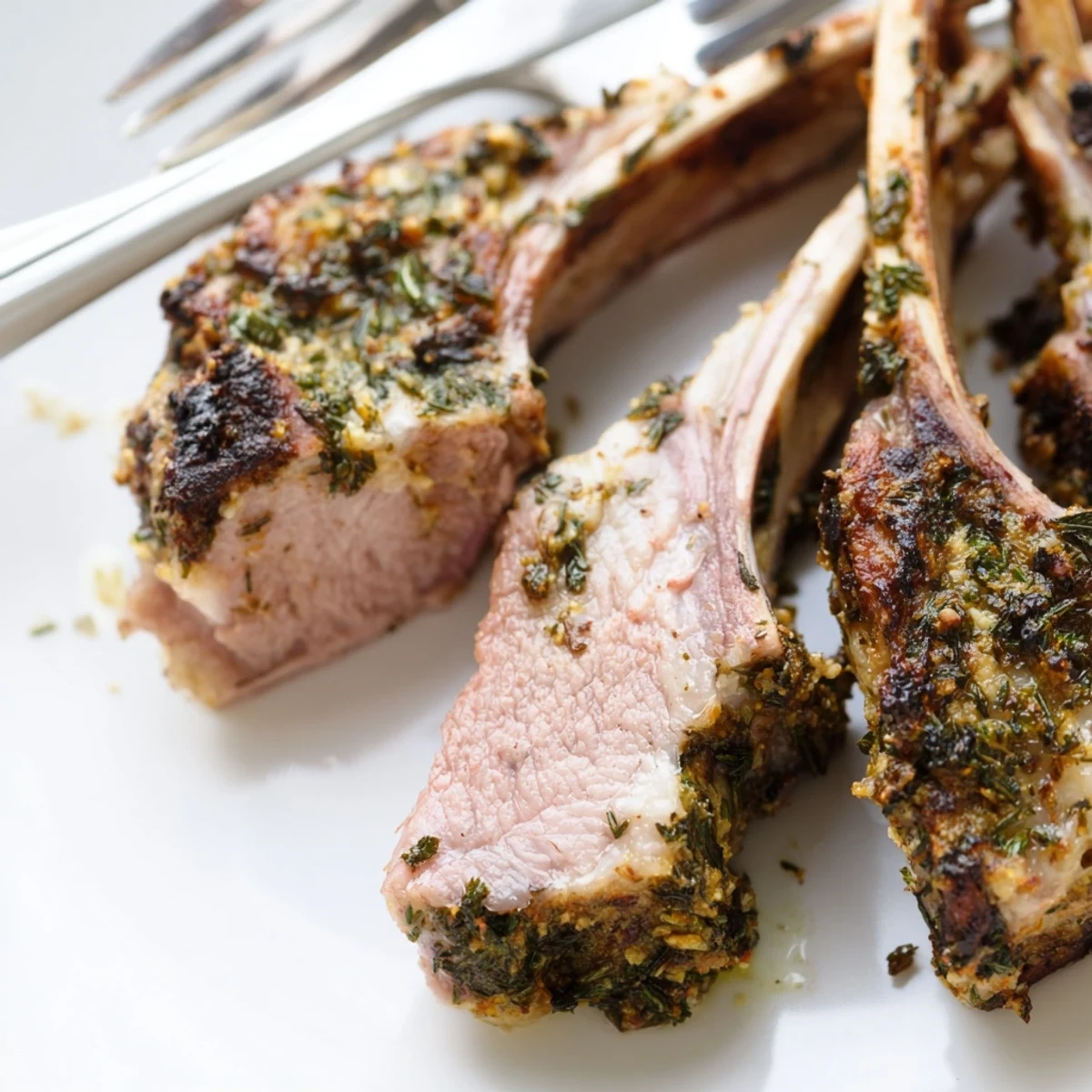 Fresh rosemary and thyme crusted lamb chops sliced from the rack, plated with red wine jus and roasted potatoes.