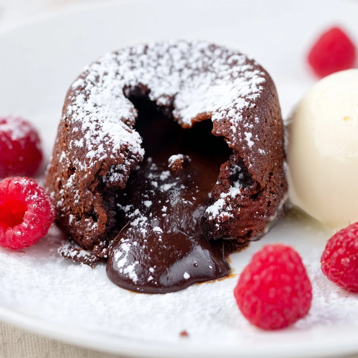 Freshly baked Chocolate Lava Cakes with Molten Center rest on white plates, dusted with powdered sugar and topped with fresh berries and a scoop of vanilla ice cream.