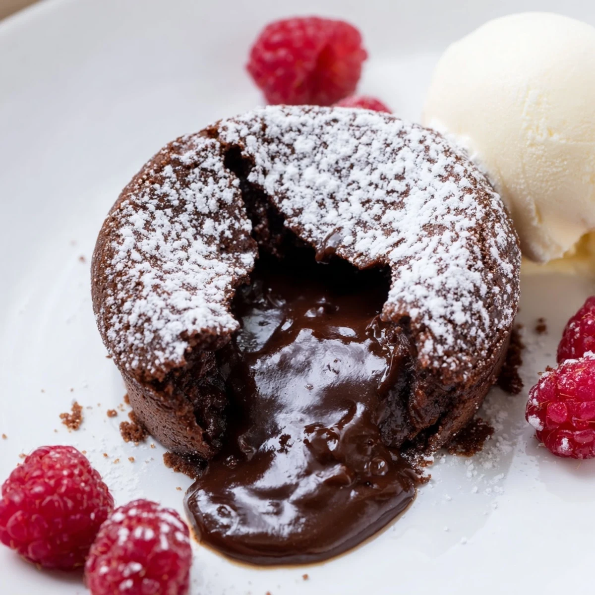 Warm Chocolate Lava Cakes with Molten Center release rich, gooey chocolate from their cracked tops, served alongside vibrant red strawberries for a decadent dessert.