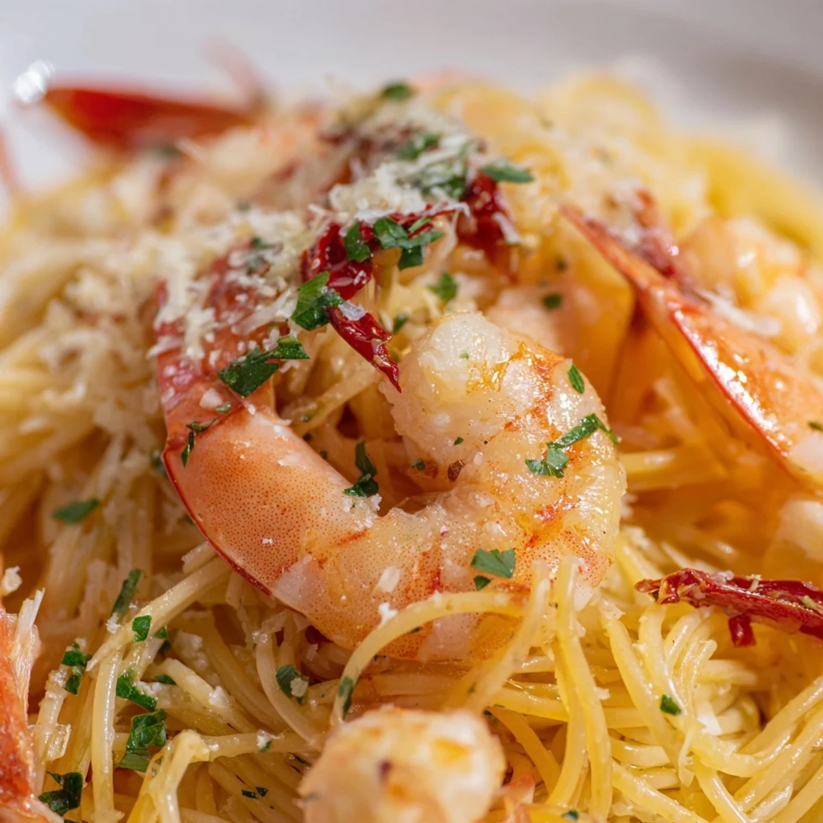 Garlic Butter Shrimp Pasta with Chili steaming in a skillet, featuring plump pink shrimp coated in a garlic-chili butter sauce tossed with spaghetti.