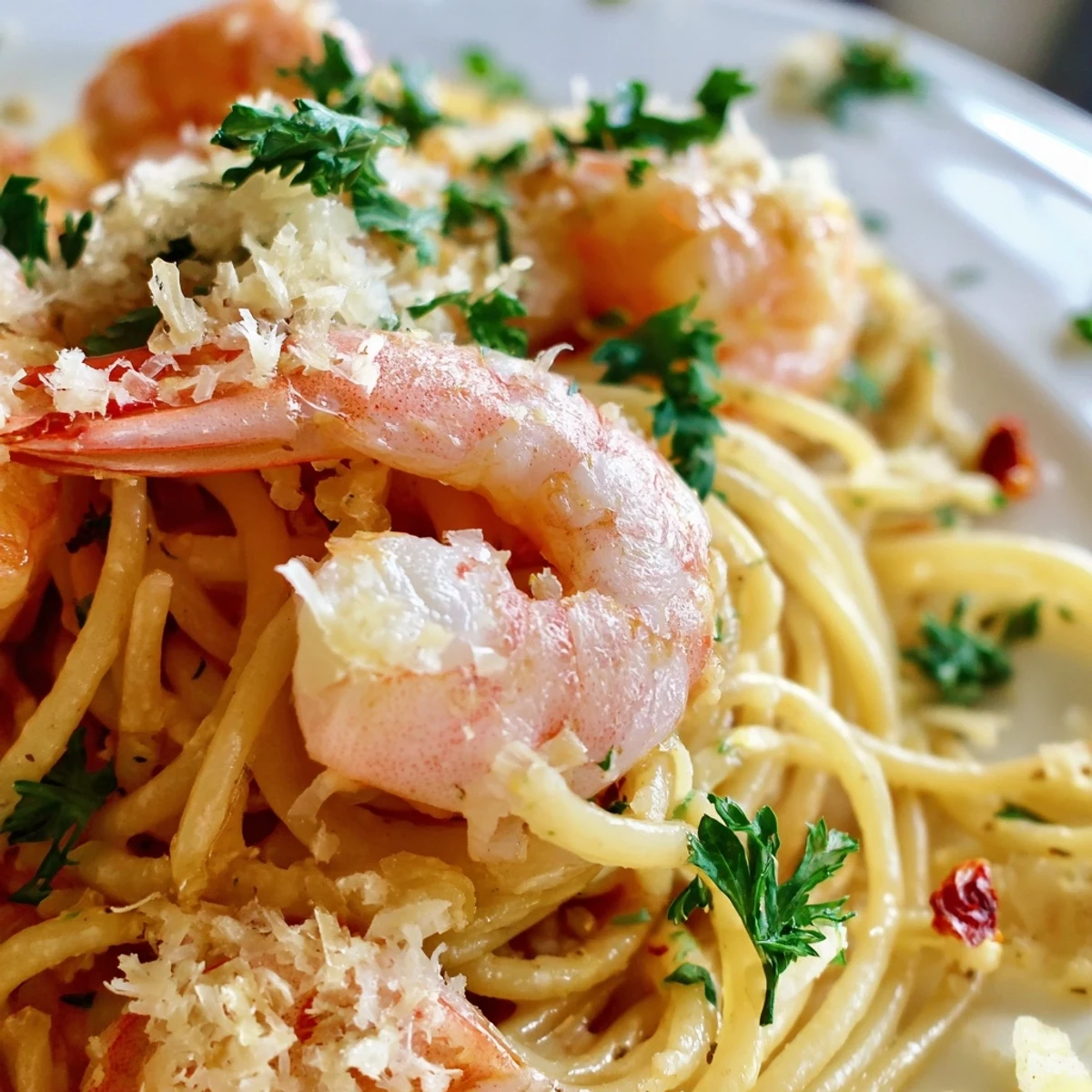 Close-up of Garlic Butter Shrimp Pasta with Chili, highlighting sautéed shrimp, red chili flakes, and fresh parsley garnish on a ceramic plate.