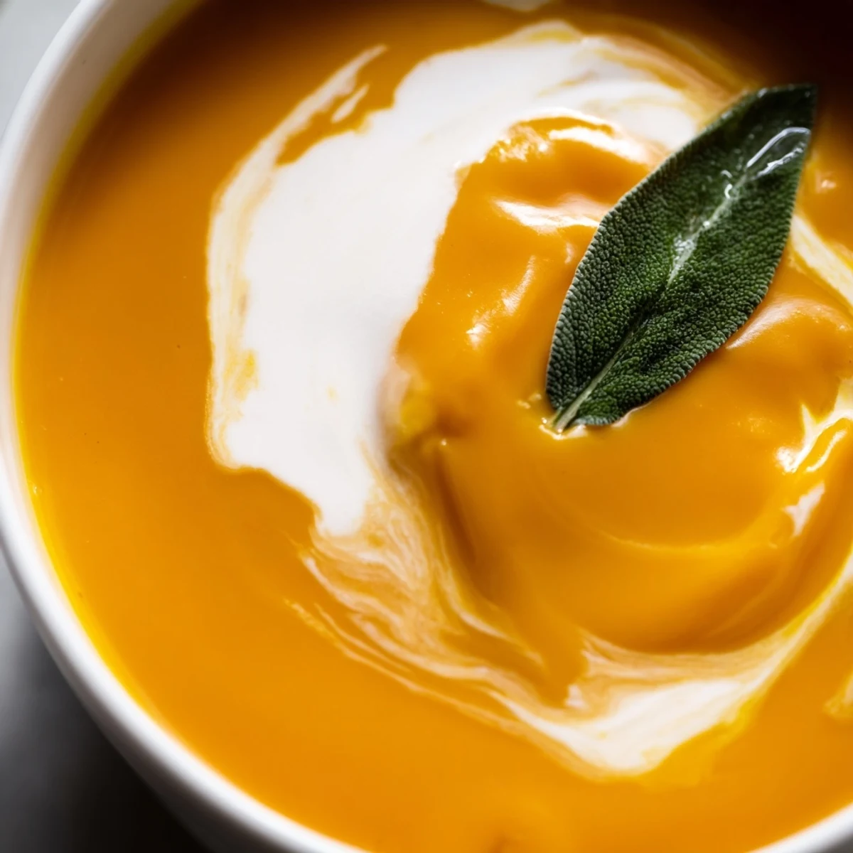 Silky Butternut Squash and Apple Soup with Sage is garnished with fresh sage and served in a rustic bowl.