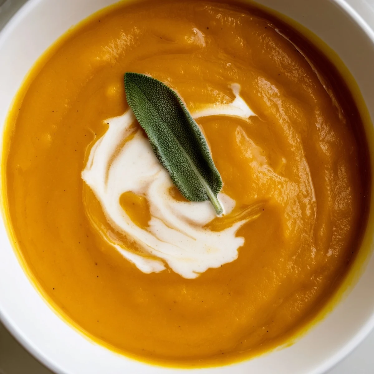 Warm bowl of Butternut Squash and Apple Soup with Sage, topped with a swirl of cream and fresh sage.