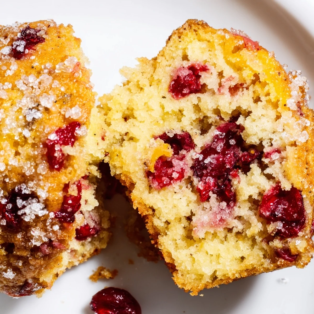 Golden-brown Cranberry Orange Muffins with coarse sugar tops are arranged on a cooling rack. 