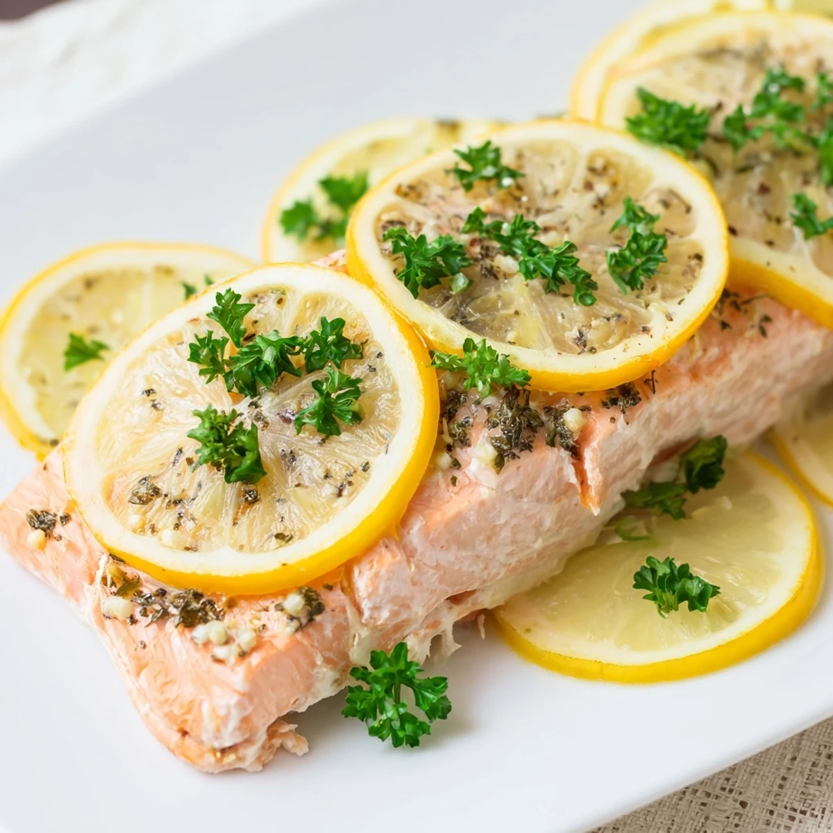 Zesty Baked Salmon with Lemon Slices garnished with fresh parsley, ready to be served for a healthy weeknight dinner.